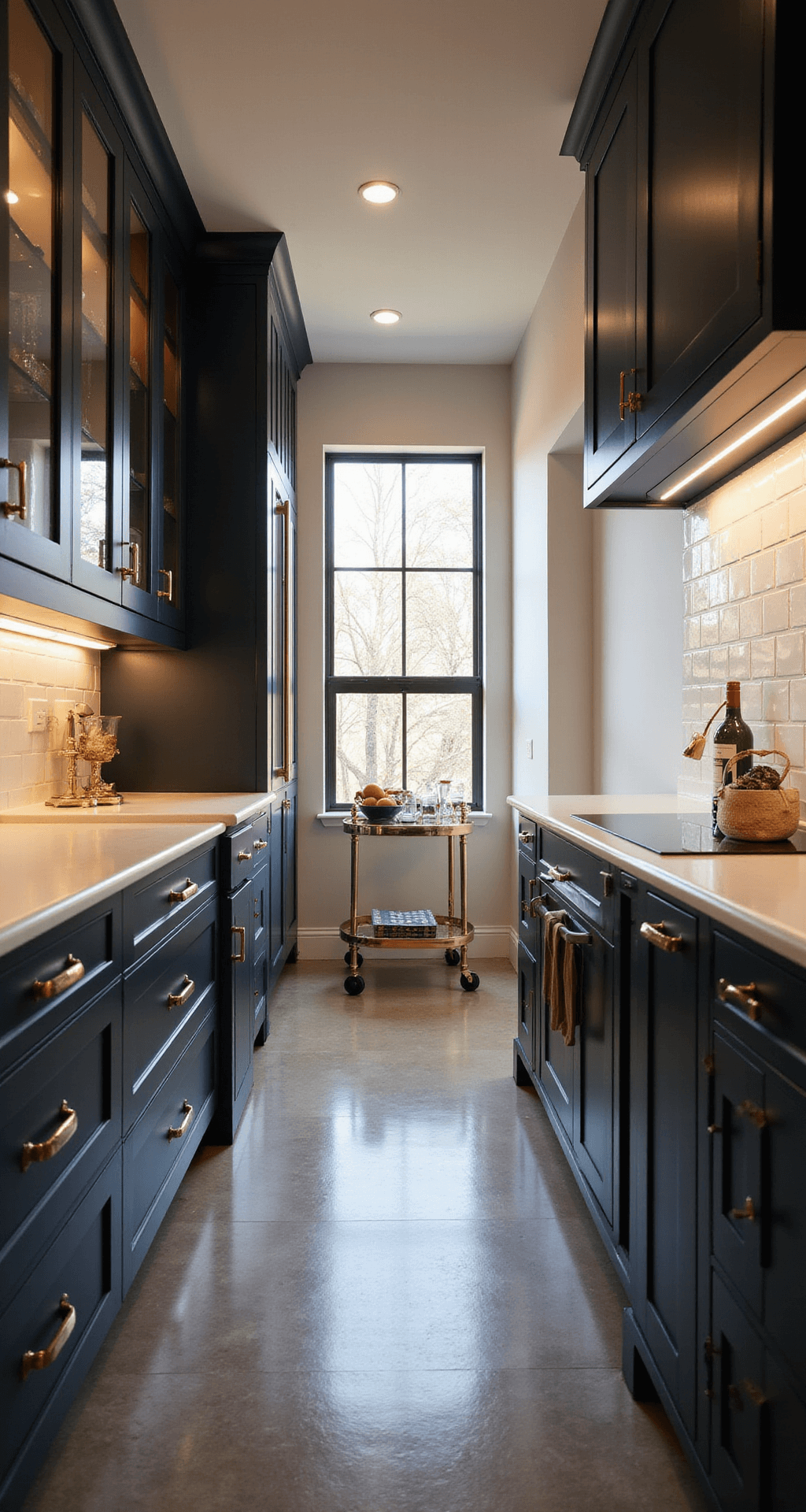 Small Kitchen Cabinet Ideas: Maximize Space, Style, and Functionality Interior view of a galley kitchen at golden hour, featuring deep navy blue cabinets with gold handles and illuminated glass-front upper cabinets, contrasted by a white subway tile backsplash. A rolling brass bar cart serves as an island, with natural light and under-cabinet LED strips creating a sophisticated and intimate atmosphere. The shot is taken from a low angle, emphasizing the vertical space.
