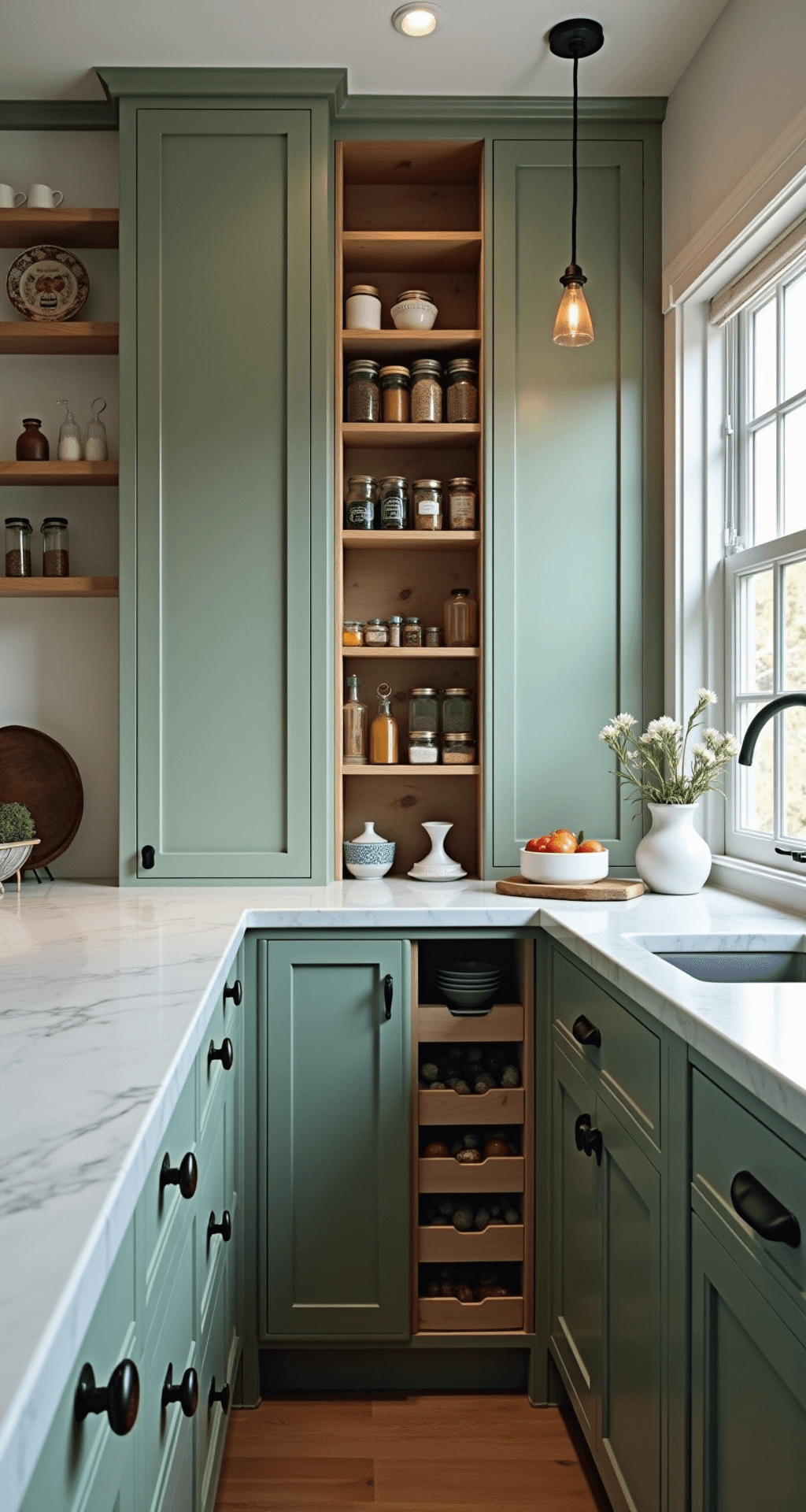 Small Kitchen Cabinet Ideas: Maximize Space, Style, and Functionality Eye-level view of a cozy kitchen corner featuring sage green floor-to-ceiling cabinets with built-in spice racks and a pull-out pantry. Vintage-style pendant light illuminates the space, highlighting matte black hardware and the textured surfaces, creating a practical yet charming atmosphere.