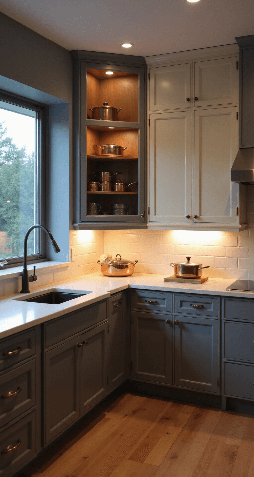 Small Kitchen Cabinet Ideas: Maximize Space, Style, and Functionality Overhead view of an L-shaped kitchen at dusk, featuring warm gray lower cabinets and cream upper cabinets with minimal hardware. A glass-front corner cabinet highlights a copper cookware collection, while under-cabinet lighting casts dramatic shadows, creating a warm and inviting atmosphere.