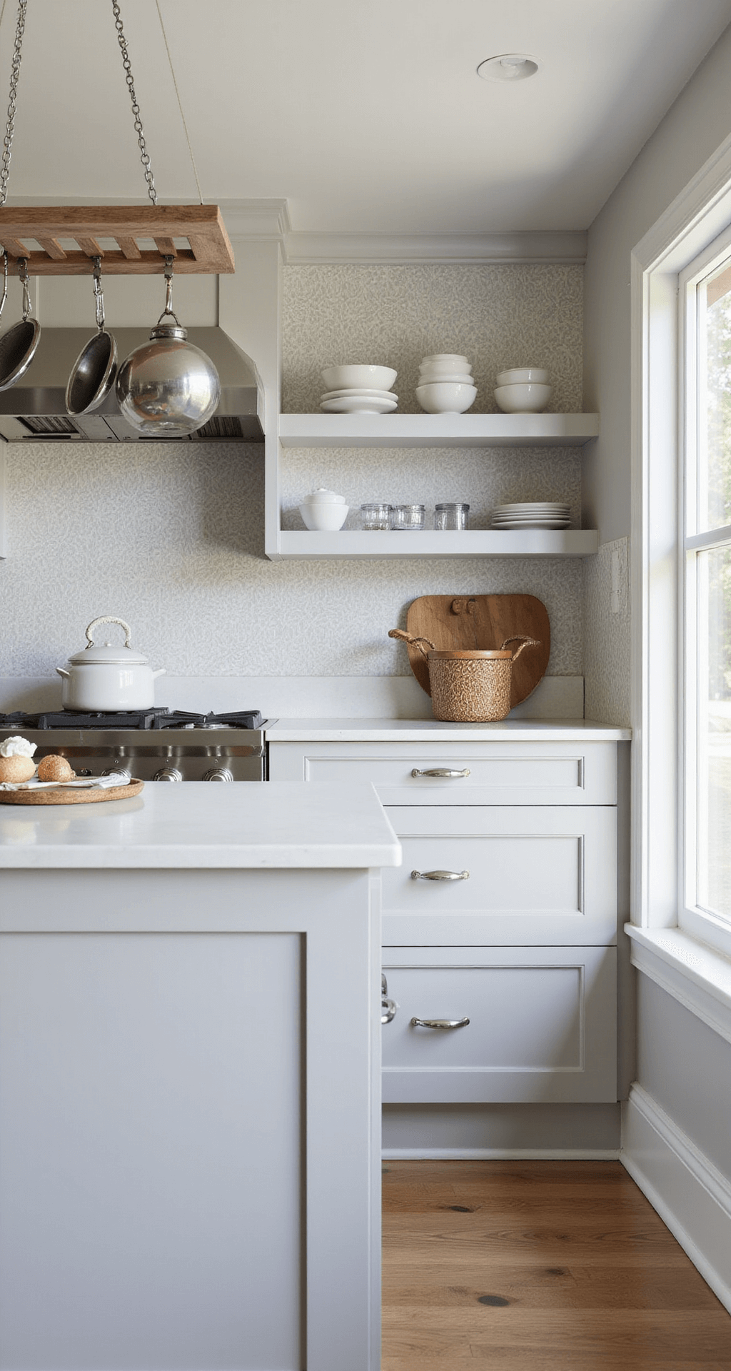 Small Kitchen Cabinet Ideas: Maximize Space, Style, and Functionality Close-up view of a modern 7x9ft kitchen featuring soft dove gray cabinets with geometric wallpaper inserts, open shelving with white ceramics, and sleek chrome pulls. A hanging pot rack above the island adds storage, all captured in a fresh and contemporary light with a slight Dutch angle.