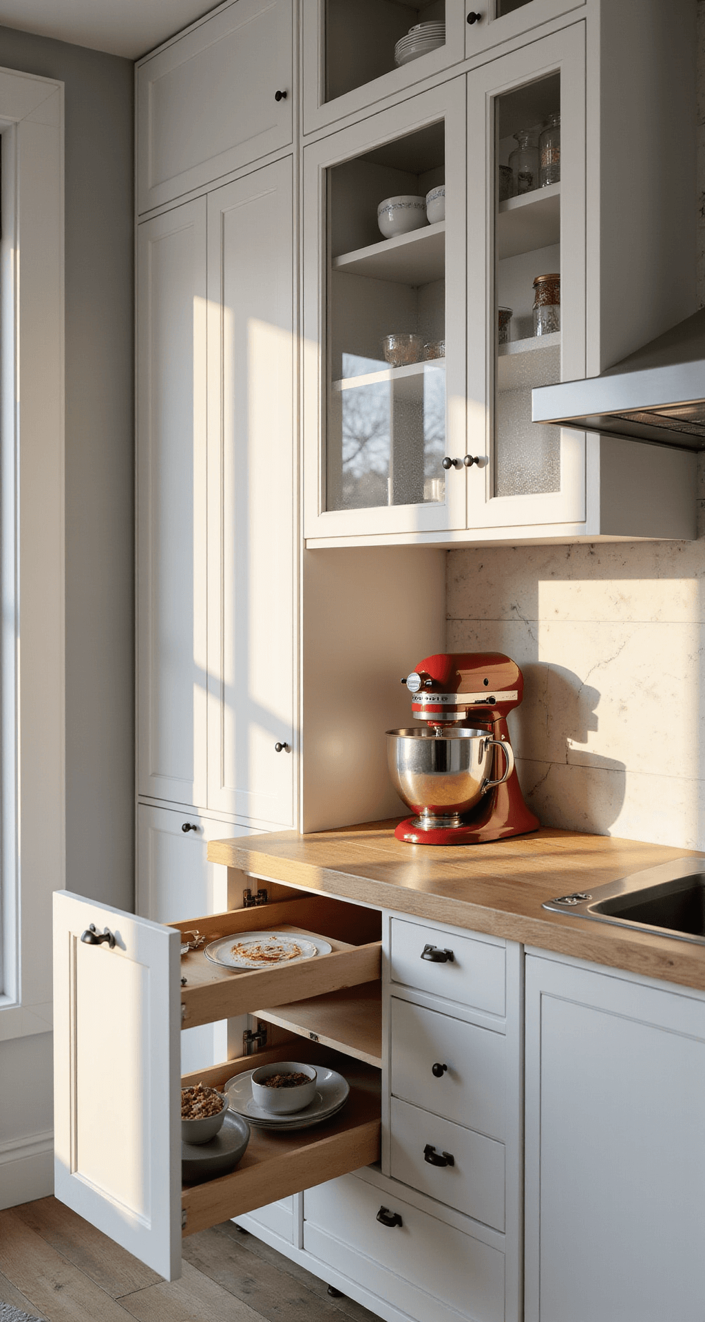 Small Kitchen Cabinet Ideas: Maximize Space, Style, and Functionality Detail shot of a compact kitchen workspace featuring white cabinets, integrated appliances, pull-out cutting board, and mixer lift; illuminated by soft morning light reflecting off textured glass cabinet fronts, with a luxurious marble backsplash and clever storage solutions visible.