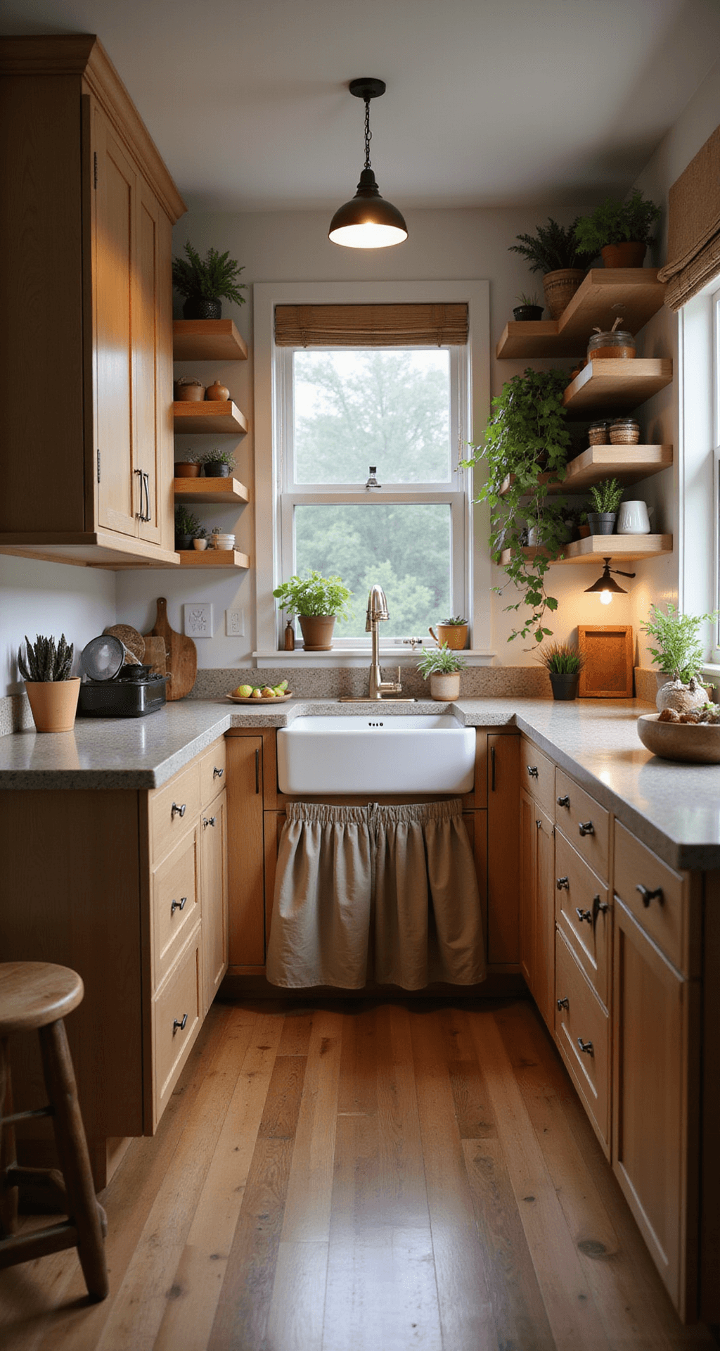 Small Kitchen Cabinet Ideas: Maximize Space, Style, and Functionality Wide interior view of a cozy 10x12ft kitchen at twilight, featuring light oak modular cabinets with adjustable shelving, pull-out drawers, and a charming fabric skirt under the farmhouse sink. Upper cabinets include a combination of closed storage and open shelving displaying potted herbs, while mixed lighting enhances the inviting ambiance as seen from the entrance looking through to the window.