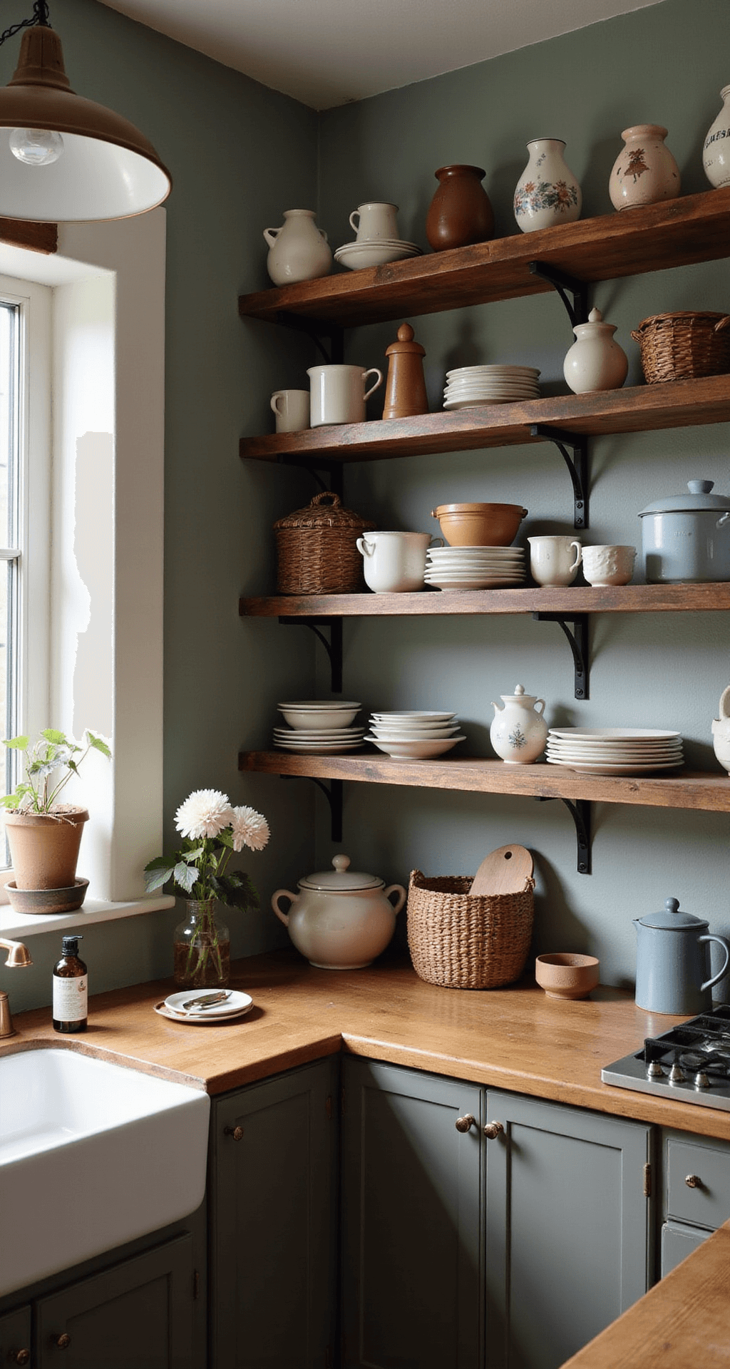 Kitchen Shelves: Ditch Cabinets for a Stunning, Functional Space A cozy farmhouse kitchen corner features thick reclaimed barn wood shelves filled with vintage enamelware, earthen pottery, and woven baskets, softly illuminated by pendant lighting at blue hour, showcasing warm browns, creamy whites, and faded blues.