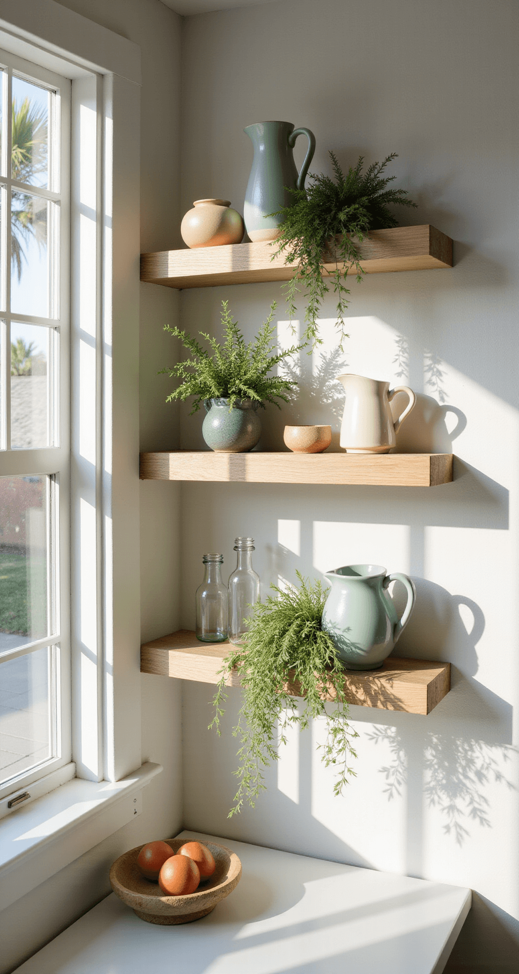 Kitchen Shelves: Ditch Cabinets for a Stunning, Functional Space A sunlit California kitchen with 8ft ceilings features three staggered floating shelves made of bleached oak, adorned with artisanal ceramics, glass pitchers, and trailing plants. Morning light casts dynamic shadows through the windows, highlighting a coastal color palette of sandy beiges, sea glass greens, and white, captured from a slight elevation.