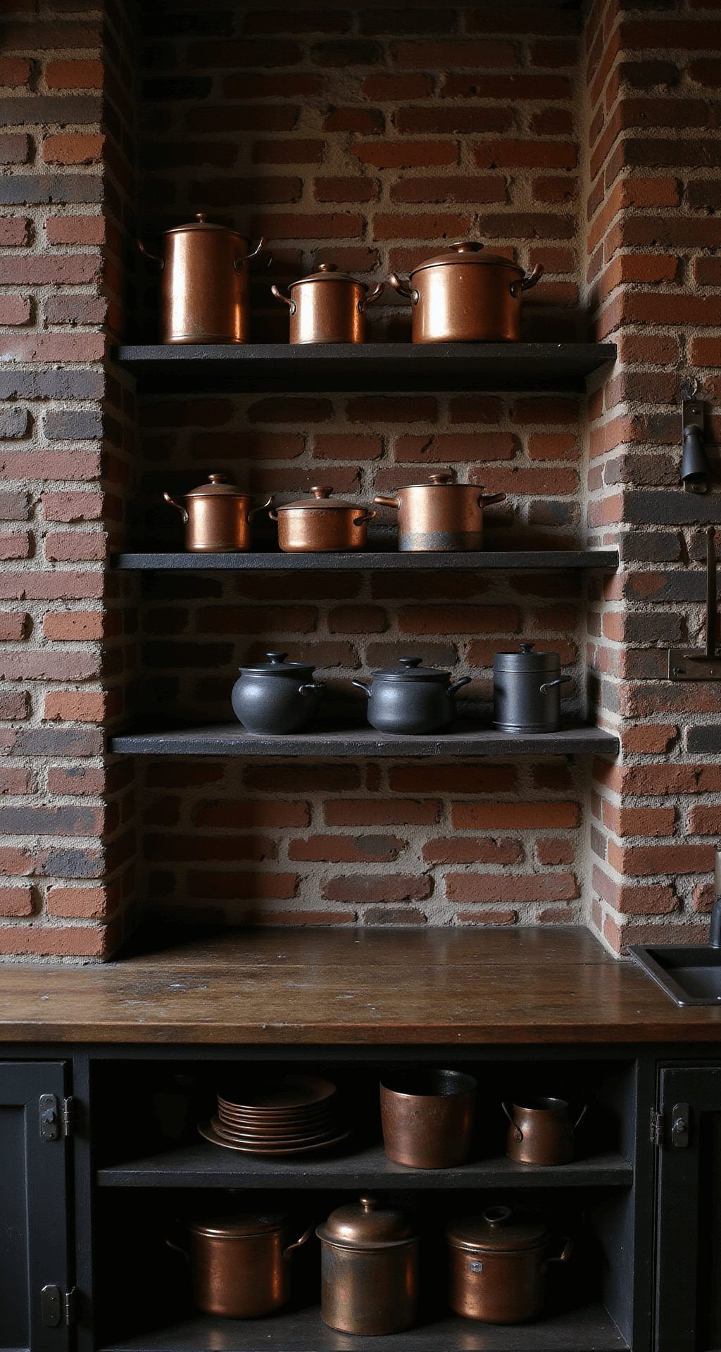 Kitchen Shelves: Ditch Cabinets for a Stunning, Functional Space A dramatic professional kitchen scene featuring blackened steel shelves against an exposed brick wall, displaying copper cookware and dark stoneware. The space is illuminated by directional spot lighting, emphasizing deep browns, burnt oranges, and shadowy blacks for a rich atmosphere.