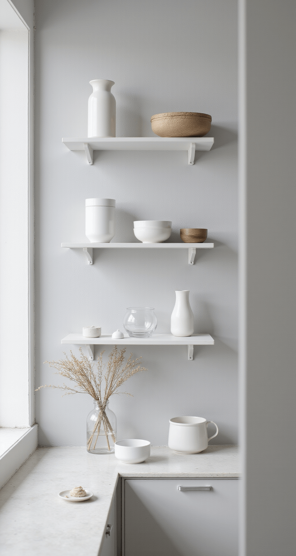 Kitchen Shelves: Ditch Cabinets for a Stunning, Functional Space A Scandinavian minimal kitchen featuring floating white powder-coated steel shelves against pale gray walls, adorned with white ceramics, clear glass, and pale wooden objects, all illuminated by soft northern light, captured from a slight elevation to highlight the geometric composition.