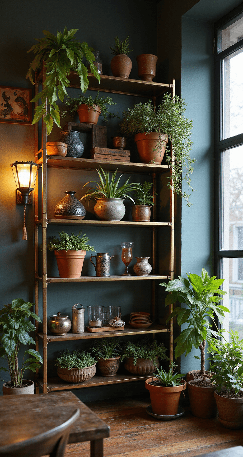 Kitchen Shelves: Ditch Cabinets for a Stunning, Functional Space Eclectic bohemian kitchen corner illuminated by warm evening light, featuring mixed material shelving with brass brackets and glass panels displaying pottery, vintage glassware, and lush plants, creating an intimate atmosphere with rich jewel tones and metallic accents.