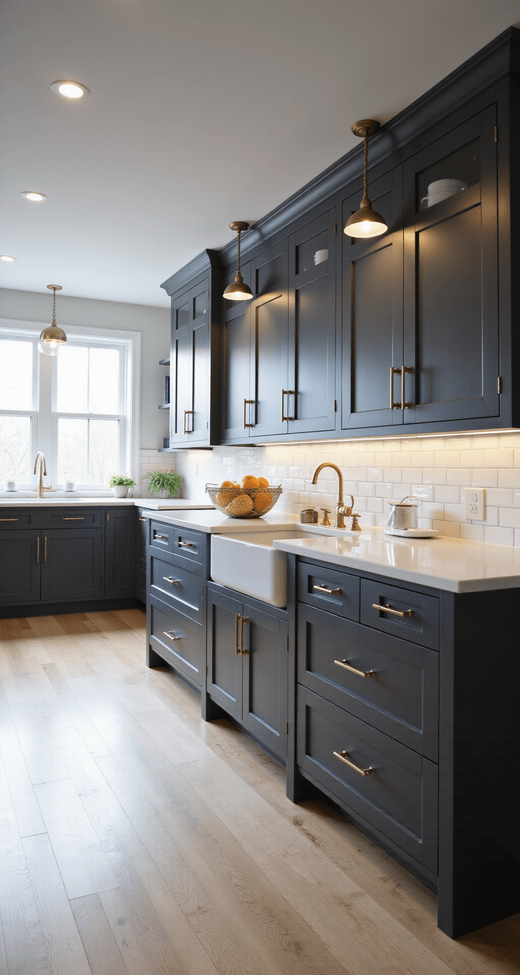 Dark Gray Kitchen Cabinets: A Sophisticated Modern Design Choice A sophisticated modern kitchen featuring dark gray cabinets, a white quartz waterfall island, brass accents, and wide-plank white oak flooring, all illuminated by natural light and soft ambient lighting.