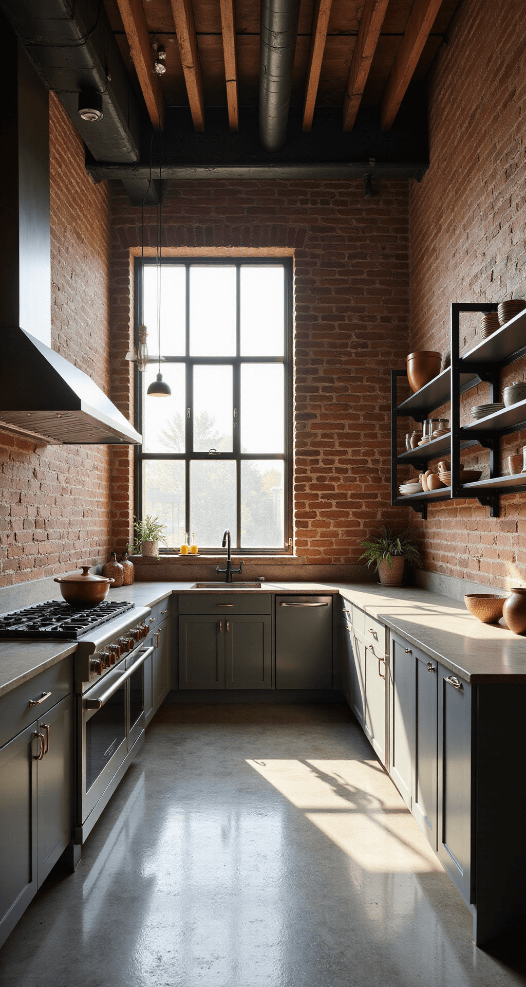 Dark Gray Kitchen Cabinets: A Sophisticated Modern Design Choice Industrial loft kitchen featuring exposed brick walls and steel beams, with graphite gray cabinets and concrete countertops, illuminated by warm afternoon light. Copper accents and black steel shelving enhance the urban sophistication of the space.