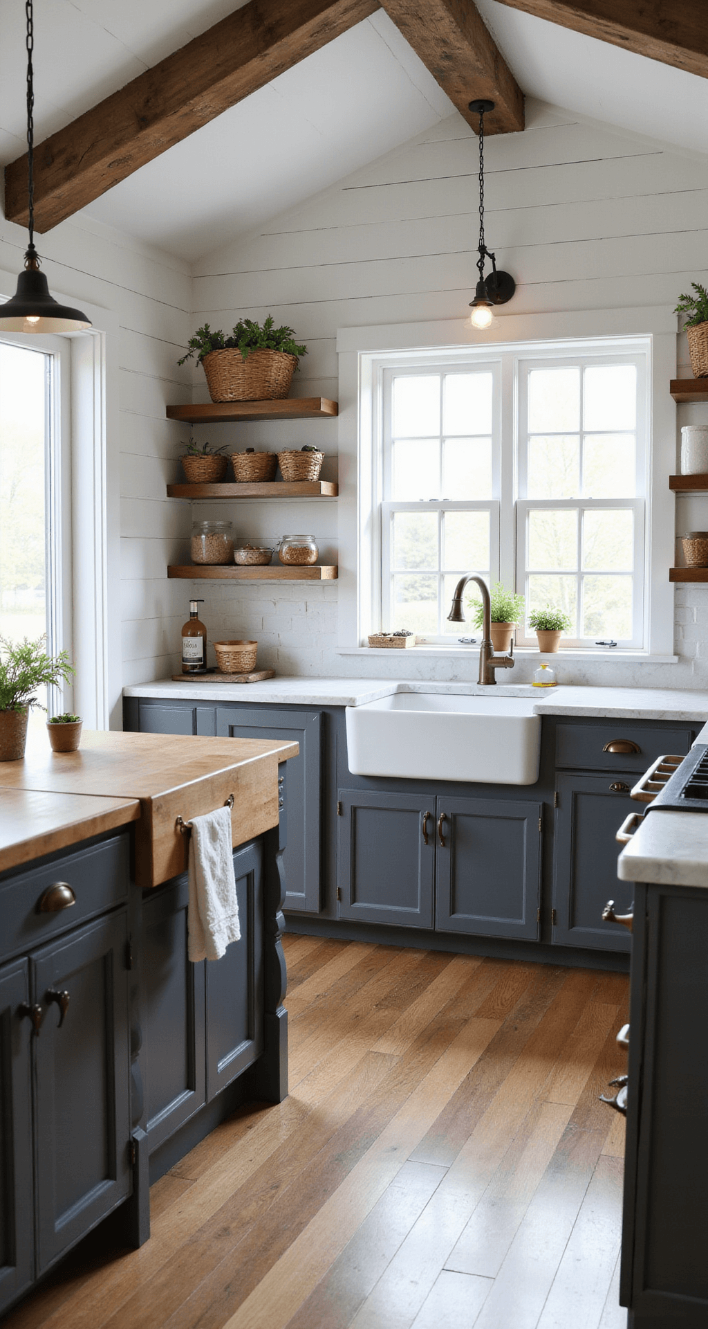 Dark Gray Kitchen Cabinets: A Sophisticated Modern Design Choice A cozy farmhouse kitchen featuring shiplap ceiling, reclaimed wooden beams, dark pewter gray cabinets with beadboard detail, a butcher block island, vintage brass accents, a white apron sink, and marble countertops, illuminated by soft daylight and warm artificial light.