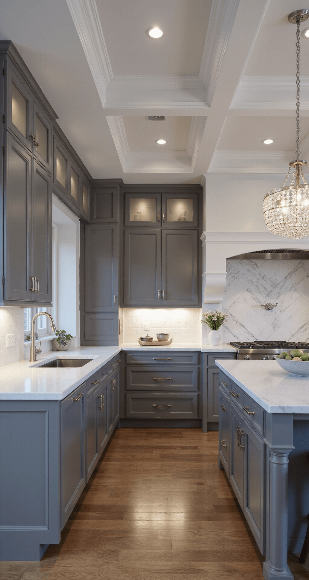 Dark Gray Kitchen Cabinets: A Sophisticated Modern Design Choice An elegant open-concept kitchen featuring charcoal gray raised-panel cabinets, quartz countertops, and a herringbone marble backsplash, illuminated by layered lighting and a crystal chandelier, viewed from the dining area in early evening light.