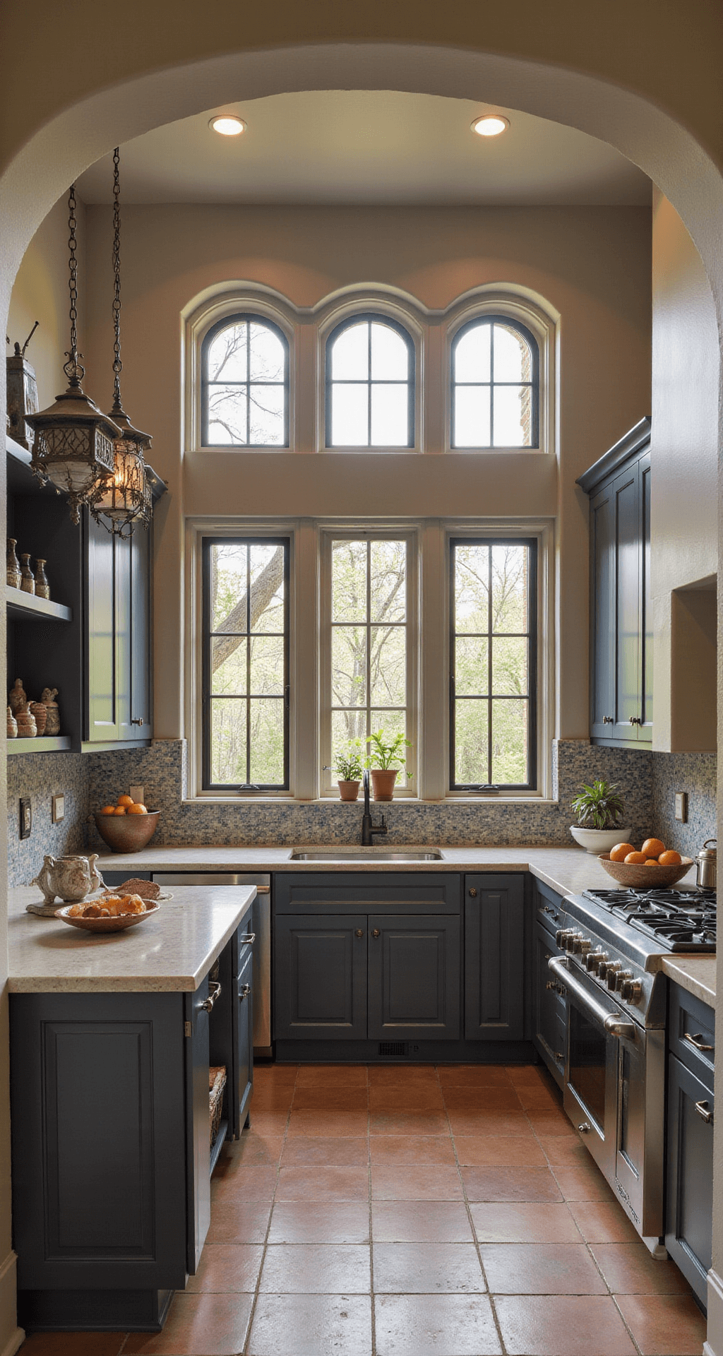 Dark Gray Kitchen Cabinets: A Sophisticated Modern Design Choice A spacious Mediterranean-Modern kitchen featuring arched doorways, deep gray textured cabinets, limestone counters, and a handmade tile backsplash in blues and creams, illuminated by late morning light through wrought iron windows, with terracotta floor tiles and oil-rubbed bronze hardware.