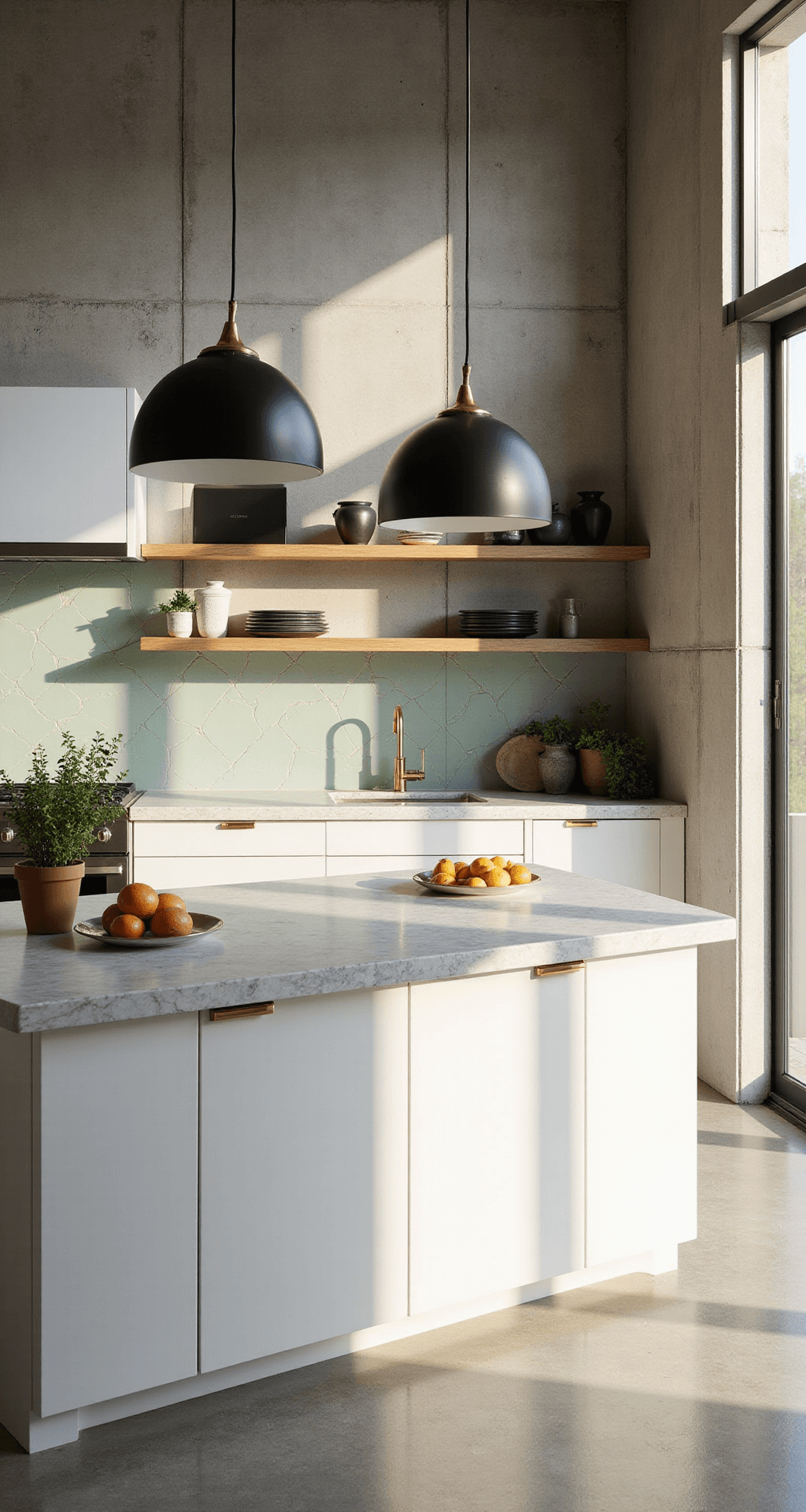 Kitchens Without Upper Cabinets: A Modern Design Revolution A bright and airy modern minimalist kitchen with high ceilings, featuring floor-to-ceiling windows, sleek white lower cabinets with brass hardware, a large marble island, geometric tile backsplash, and open shelving displaying ceramics. Oversized matte black pendant lights hang above, while natural light casts dramatic shadows across the space. Fresh herbs and citrus fruits add a touch of color.