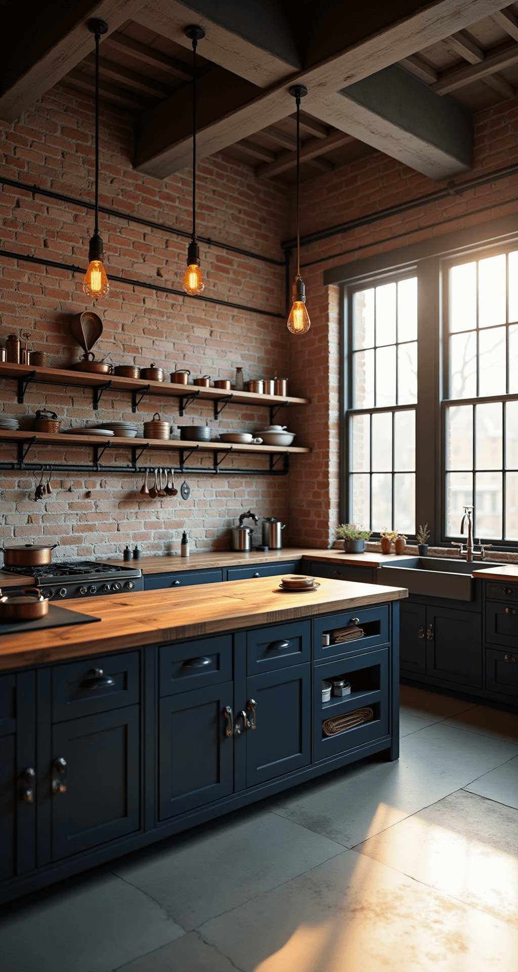 Kitchens Without Upper Cabinets: A Modern Design Revolution Industrial chic kitchen in a converted loft, featuring a 15ft exposed brick wall, dark navy lower cabinets against polished concrete floors, and a central reclaimed wood prep island. Vintage metal pipe shelving holds copper cookware and industrial artifacts, illuminated by late afternoon golden hour light streaming through factory-style windows.