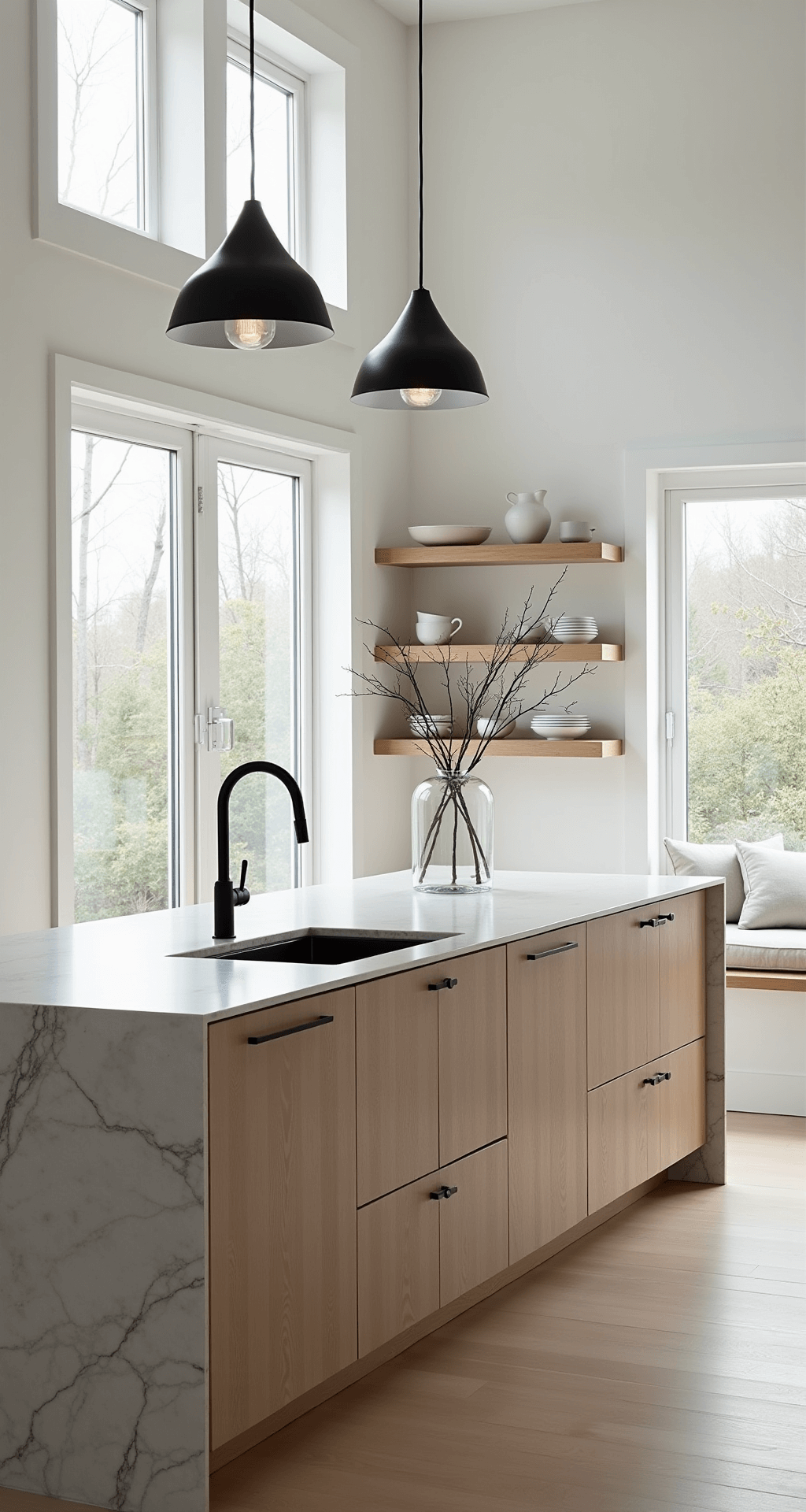 Kitchens Without Upper Cabinets: A Modern Design Revolution A Scandinavian-inspired kitchen bathed in natural light, featuring 10ft white walls, floor-to-ceiling windows, pale ash wood lower cabinets, an oversized marble-topped island, and minimal floating shelves displaying white ceramics, all styled with linen textiles and sculptural branches in a clear glass vase.