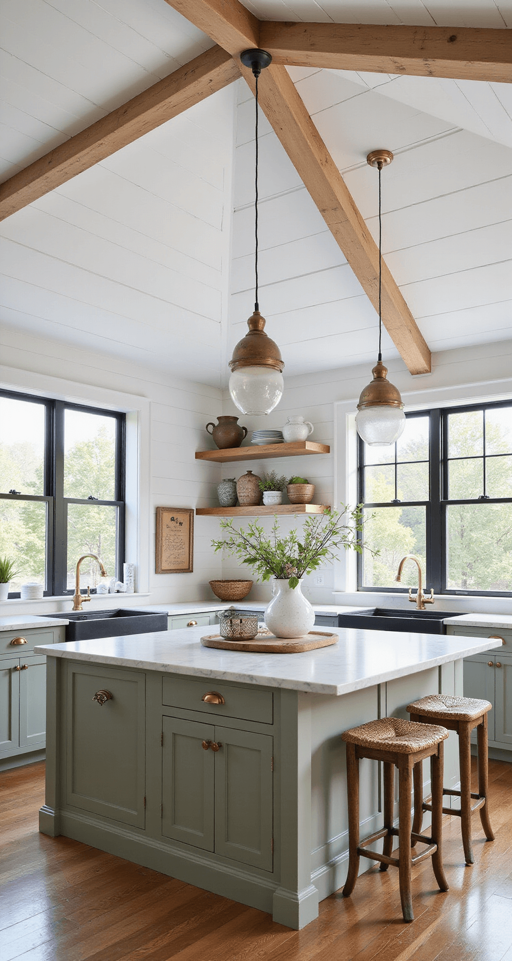 Kitchens Without Upper Cabinets: A Modern Design Revolution A modern farmhouse kitchen featuring vaulted shiplap walls painted warm white, sage green lower cabinets with antique brass pulls, and a rustic oak island with marble inlay, accented by vintage-inspired aged brass pendants. The space is illuminated by late morning light filtering through black steel-framed windows, showcasing countryside views. Decor includes pottery, woven baskets, and fresh flowers, captured at eye level to emphasize the 14ft vaulted ceiling.