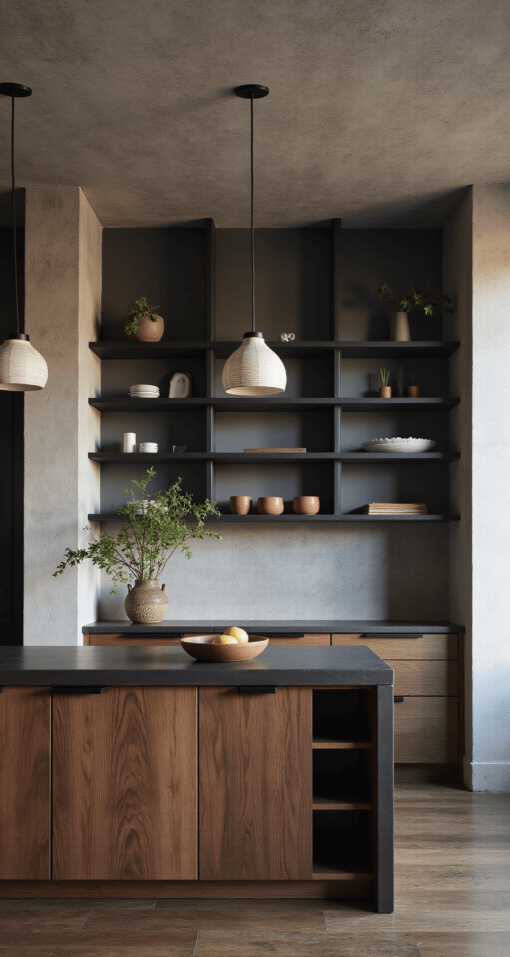 Kitchens Without Upper Cabinets: A Modern Design Revolution A Japanese-inspired minimalist kitchen with 10ft ceilings featuring rich walnut lower cabinets, a central island in charcoal-stained oak, and textured plaster upper walls. The scene includes paper lantern-inspired pendant lights, black steel open shelving with artisanal ceramics, bonsai plants, and handmade pottery, all captured in soft dawn lighting with moody shadows.