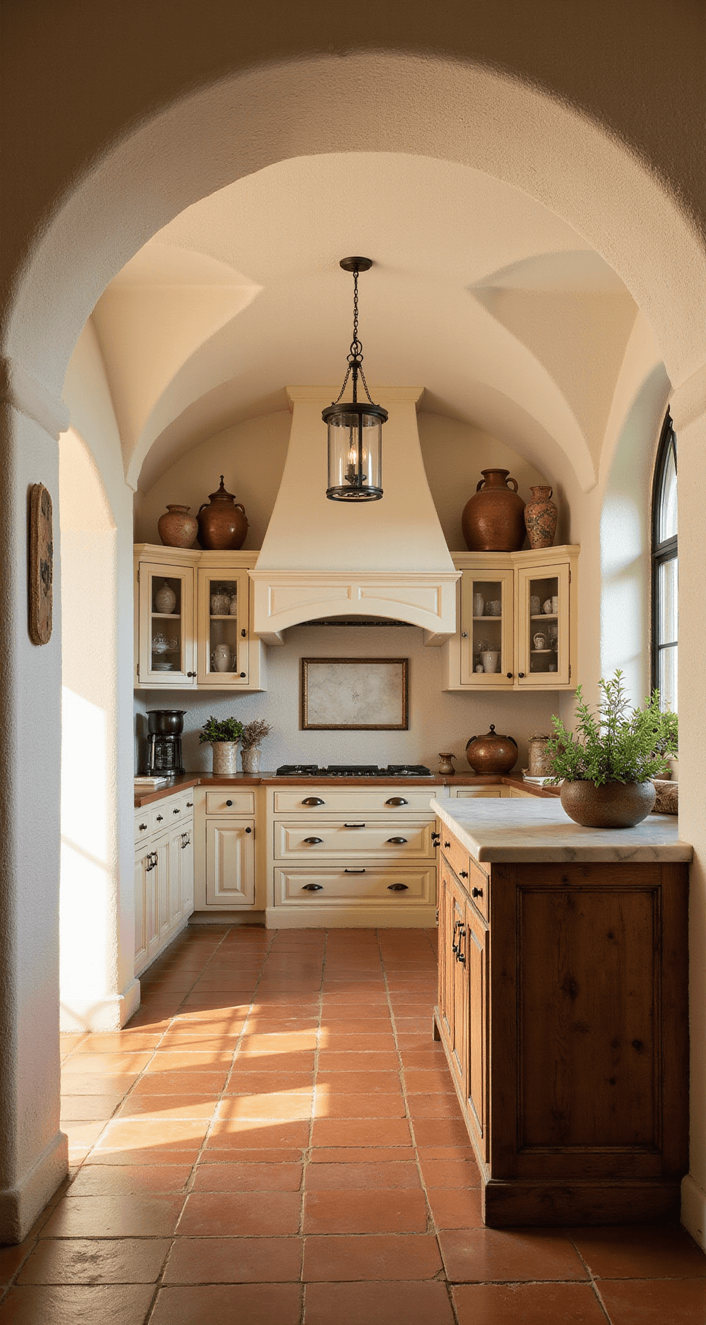 Kitchens Without Upper Cabinets: A Modern Design Revolution A spacious Mediterranean villa kitchen with 13ft arched ceilings, featuring terracotta floor tiles, cream lower cabinets with oil-rubbed bronze hardware, and no upper cabinets showcasing warm white stucco walls. A reclaimed wood island with a marble pastry surface sits in the center, illuminated by iron and glass pendant lights. The scene captures the late afternoon sun creating a warm glow, with decor including copper pots, ceramic urns, and fresh herbs, viewed from the doorway for a grand perspective.