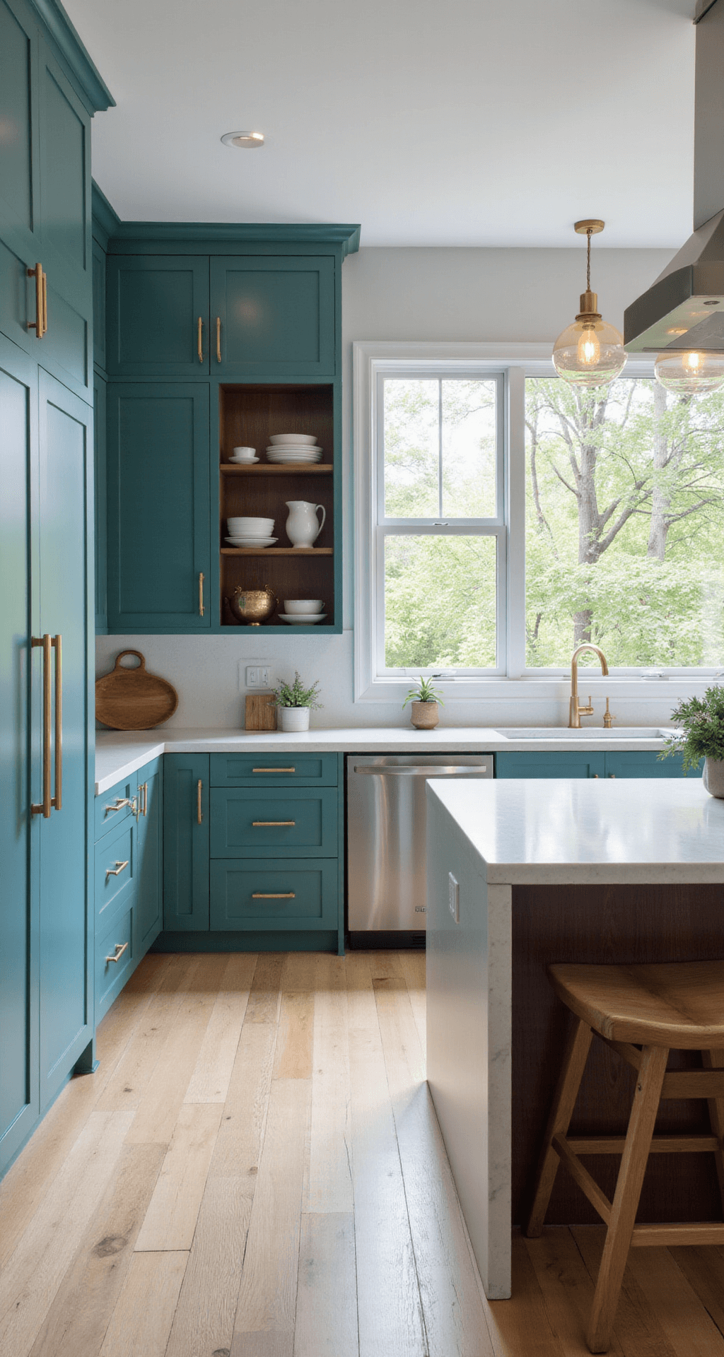 Teal Kitchen Cabinets: The Ultimate Design Guide for Modern Homes A modern kitchen featuring teal floor-to-ceiling cabinets with brass hardware, a white quartz waterfall island, and walnut open shelving, all bathed in morning sunlight from large east-facing windows, with wide-plank white oak floors and soft pendant lighting.