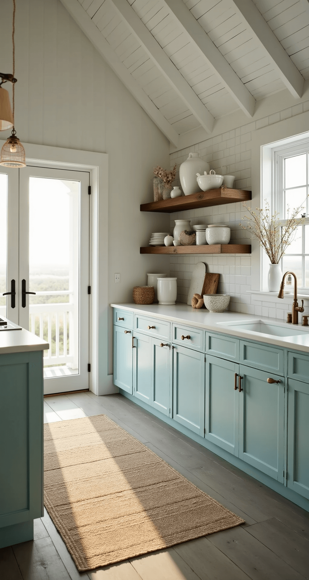 Teal Kitchen Cabinets: The Ultimate Design Guide for Modern Homes Coastal-inspired kitchen featuring light teal cabinets, white subway tile backsplash, and vaulted ceiling with exposed white beams, illuminated by golden hour light streaming through French doors. Decorated with white ceramic vases and driftwood accents, captured from a corner angle to emphasize depth.