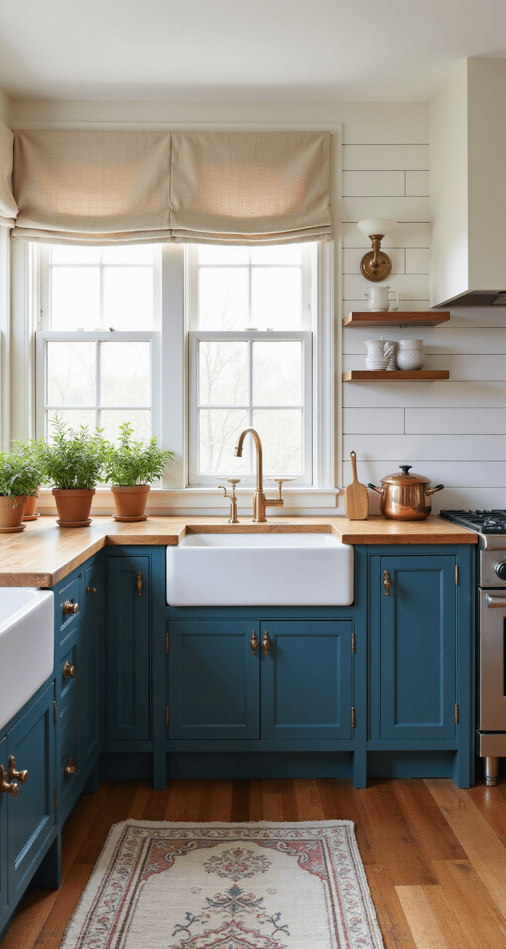 Teal Kitchen Cabinets: The Ultimate Design Guide for Modern Homes A cozy farmhouse kitchen featuring a shiplap accent wall, deep teal lower cabinets, cream upper cabinets, and morning light filtering through cafe curtains, styled with copper cookware and fresh herbs in terracotta pots, shot to emphasize symmetry and a warm, lived-in elegance.
