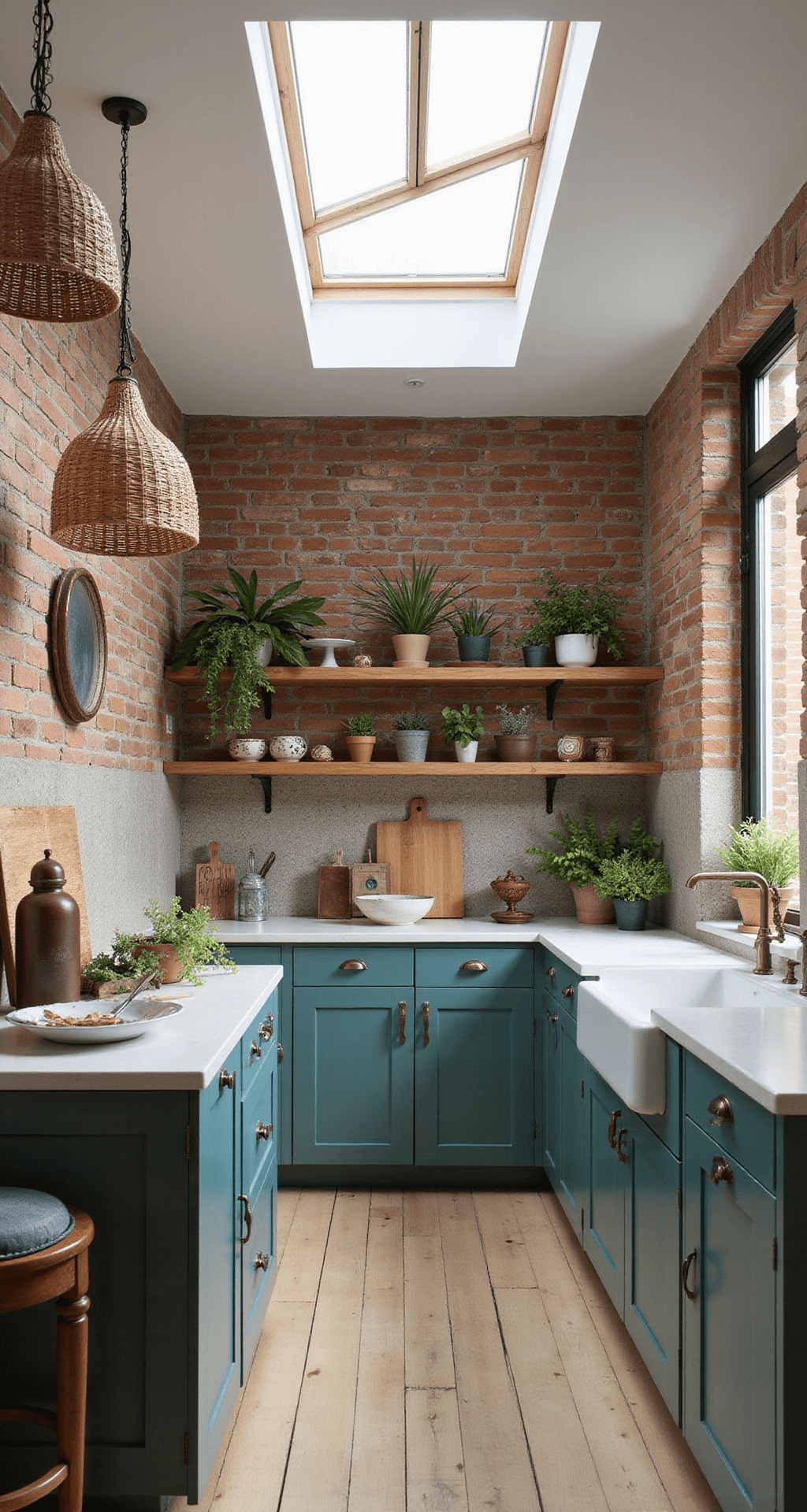 Teal Kitchen Cabinets: The Ultimate Design Guide for Modern Homes A low angle shot of a bohemian kitchen featuring an exposed brick wall, muted teal cabinets, a Moroccan tile backsplash, and skylights allowing diffused midday light. The space is adorned with rattan pendant lights, mixed metal hardware, and floating wooden shelves styled with plants and global artifacts, showcasing an eclectic and artistic atmosphere.
