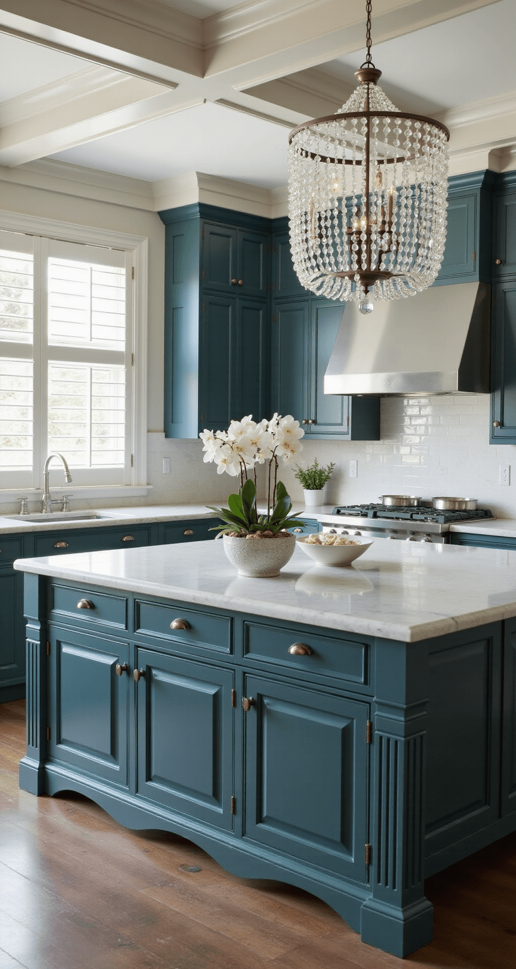 Teal Kitchen Cabinets: The Ultimate Design Guide for Modern Homes Transitional kitchen featuring rich teal cabinets, quartzite countertops, and a coffered ceiling, illuminated by soft afternoon light through plantation shutters, highlighted with polished nickel hardware, marble subway tile, and a crystal chandelier over the island, styled with white orchids and silver serving pieces, shot from an elevated position to showcase its refined luxury layout.