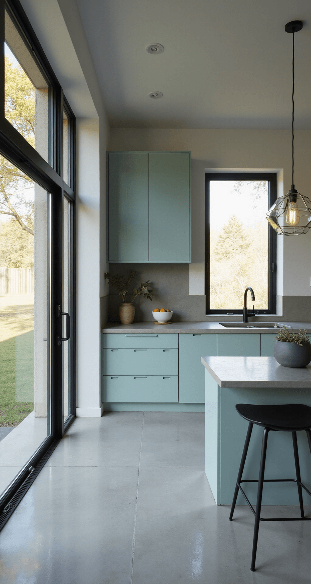 Teal Kitchen Cabinets: The Ultimate Design Guide for Modern Homes A modern minimalist kitchen featuring pale teal cabinets with integrated handles, concrete countertops, and black matte fixtures, illuminated by dawn light through floor-to-ceiling windows, casting dramatic shadows. Geometric pendant lights hang above, and a single statement pottery piece adds a touch of style, all captured with a tilt-shift lens for a serene, sophisticated atmosphere.