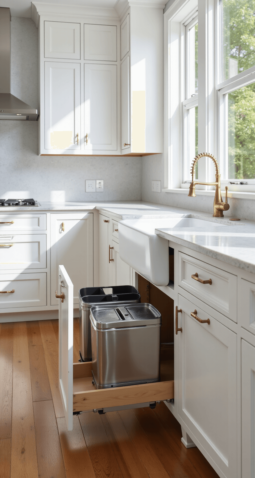 Designing Functional Kitchen Cabinets: Your Ultimate Guide to Smart Storage Solutions A modern kitchen with white inset cabinets, featuring a pull-out waste management system in brushed stainless steel, dual compartments for trash and recycling, and a farmhouse sink. The scene showcases marble countertops, oak flooring, and brass hardware, illuminated by morning light through large windows.