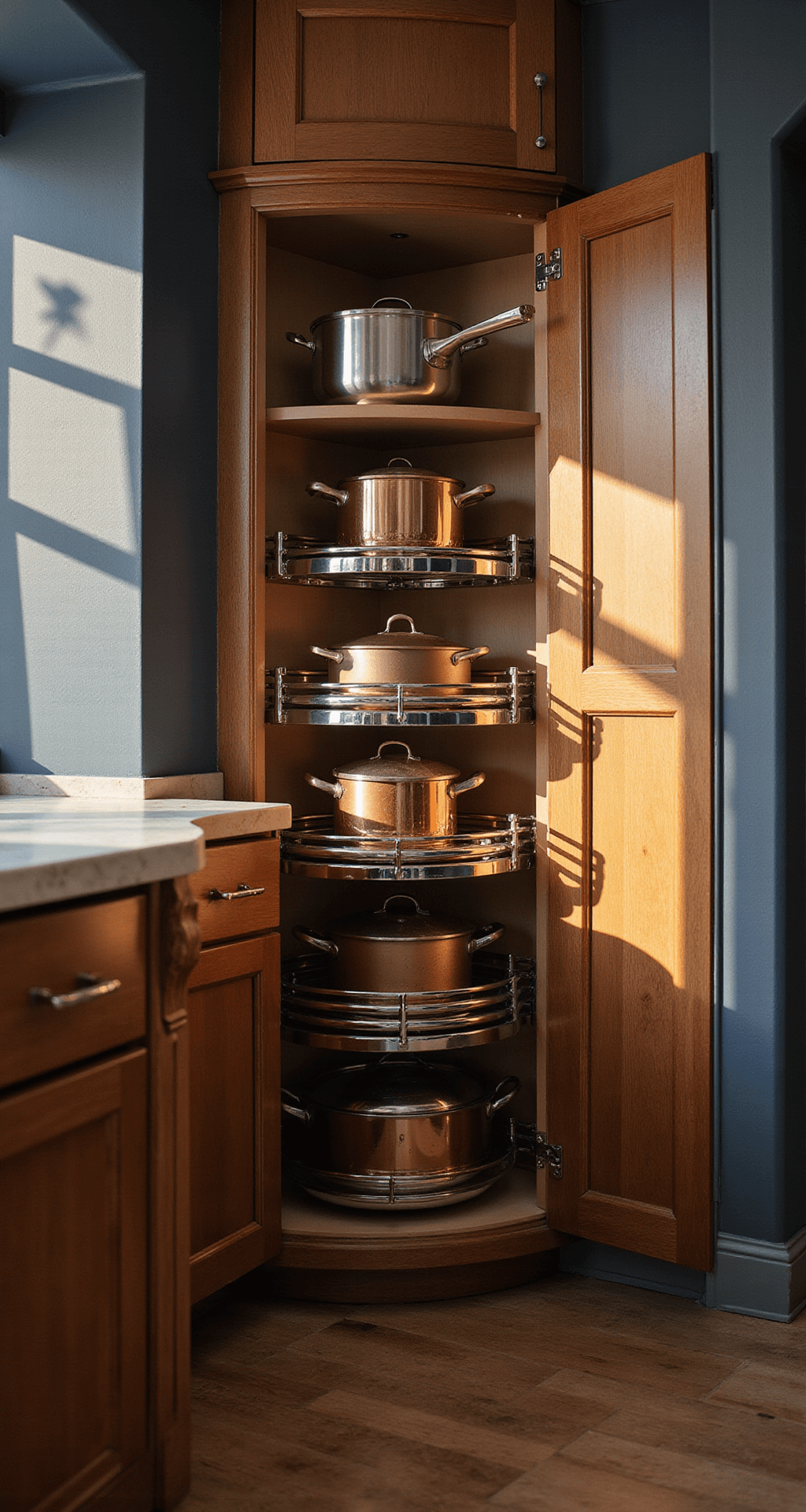 Designing Functional Kitchen Cabinets: Your Ultimate Guide to Smart Storage Solutions Intimate detail shot of a transitional kitchen corner cabinet at a 45-degree angle, showcasing a magic corner system with rotating chrome-finished shelves filled with copper cookware, illuminated by late afternoon golden hour light that creates dramatic shadows, against rich navy walls and medium walnut finishes.