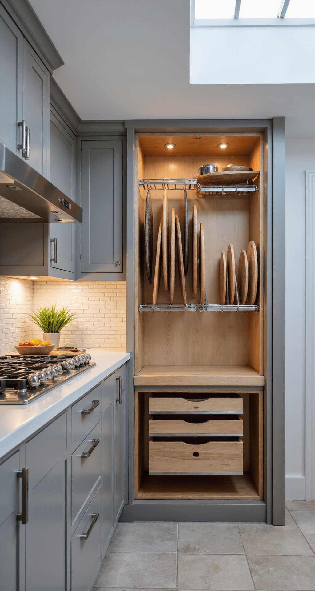 Designing Functional Kitchen Cabinets: Your Ultimate Guide to Smart Storage Solutions Wide-angle view of a contemporary industrial chef's kitchen with dove gray cabinets, showcasing vertical tray dividers, organized baking sheets, a polished nickel pull-out spice rack, and a natural stone backsplash, illuminated by cool morning light from a skylight.