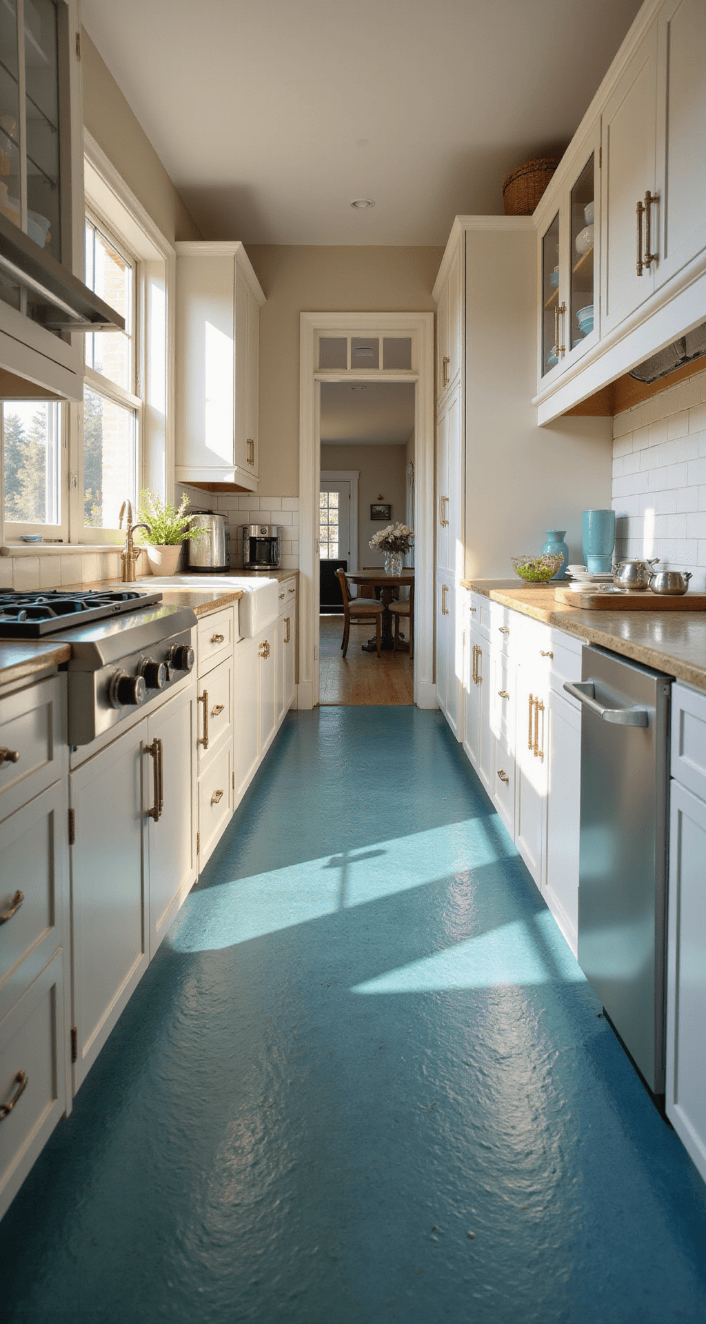 Designing Functional Kitchen Cabinets: Your Ultimate Guide to Smart Storage Solutions Low-angle view of a galley kitchen showcasing 42-inch walkways between white shaker cabinets, with golden hour sunlight casting shadows on cerulean blue penny tile floors, glass-front cabinets displaying dishes, and varied cabinet heights with mixed metals, emphasizing leading lines.