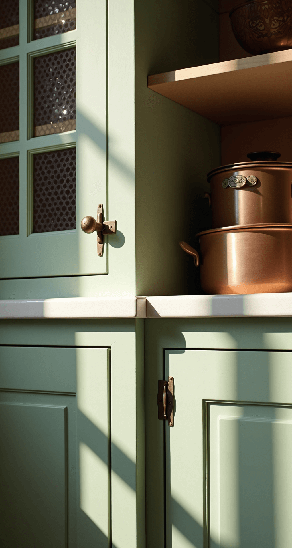 Designing Functional Kitchen Cabinets: Your Ultimate Guide to Smart Storage Solutions Extreme close-up of a traditional kitchen cabinet corner, showcasing dove-tailed joints and a hand-painted sage green finish, complemented by antique brass soft-close hinges. Vintage copper cookware is visible through seeded glass panels, with dramatic side lighting enhancing the texture and depth of the craftsmanship.
