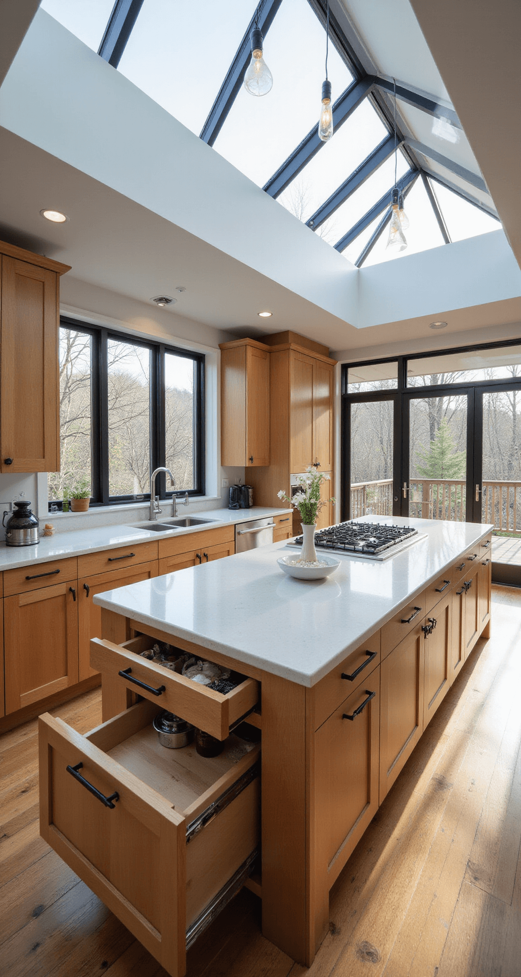 Designing Functional Kitchen Cabinets: Your Ultimate Guide to Smart Storage Solutions Bird's eye view of a modern kitchen island with bamboo cabinets, white quartz countertops reflecting morning light, stainless steel accents, and interior organizers in partially opened drawers.
