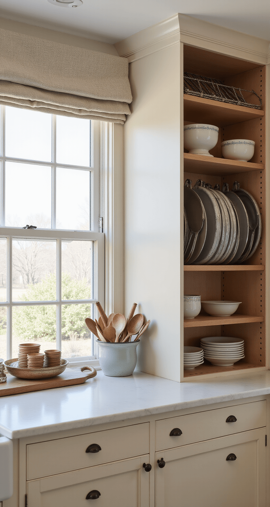 Designing Functional Kitchen Cabinets: Your Ultimate Guide to Smart Storage Solutions Eye-level view of a farmhouse kitchen baking station featuring cream-colored cabinets, custom maple dividers for baking sheets, and accent decor of copper measuring cups and ceramic mixing bowls, all illuminated by soft, diffused natural light.