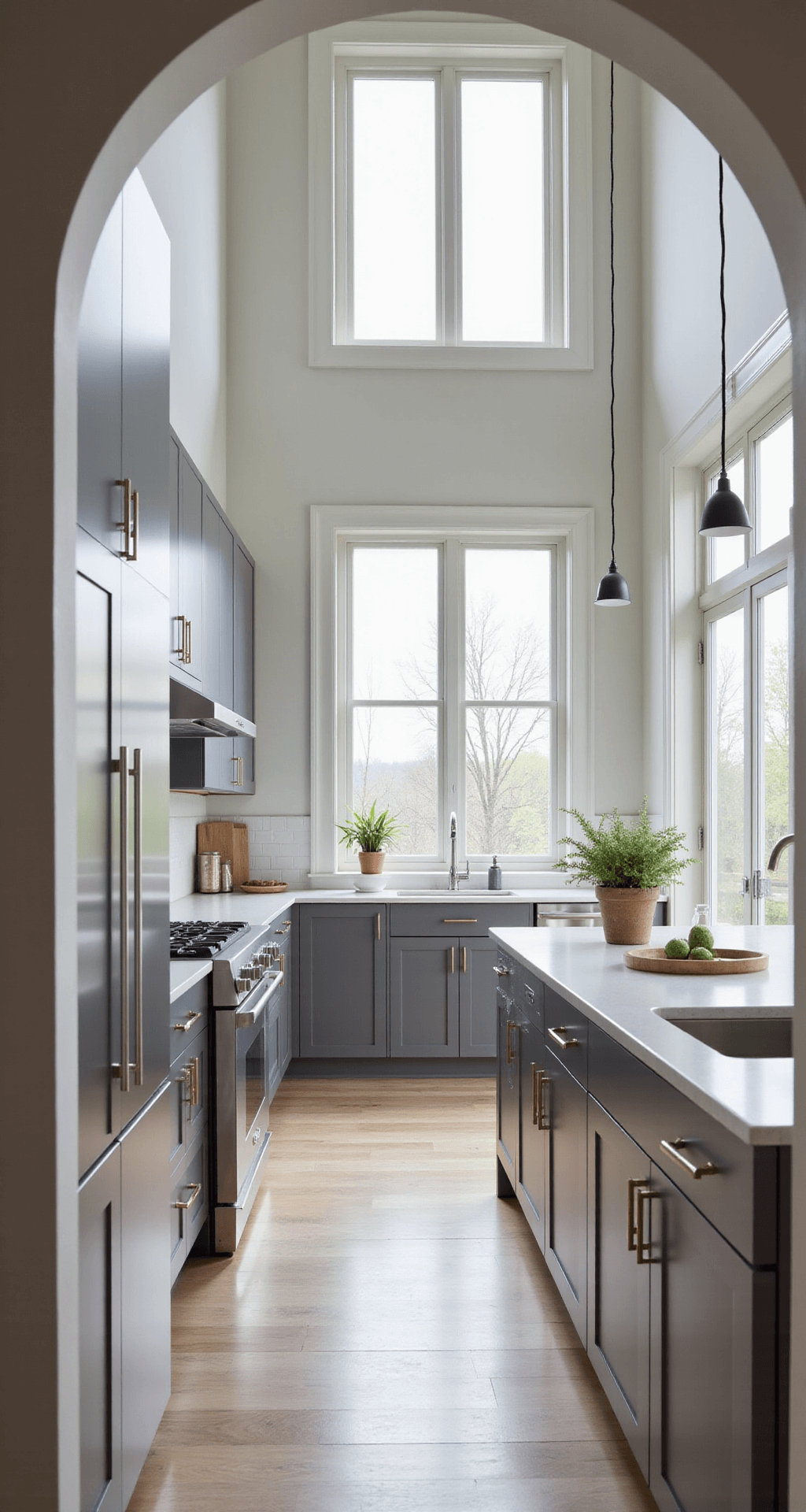 Gray Kitchen Cabinets: The Ultimate Design Guide for Timeless Elegance A modern minimalist gray kitchen featuring matte light gray cabinets, a centered island with white quartz countertops, and stainless steel appliances, all illuminated by morning sunlight streaming through floor-to-ceiling windows. The image captures a clean, airy aesthetic with wide plank white oak flooring and soft shadows.