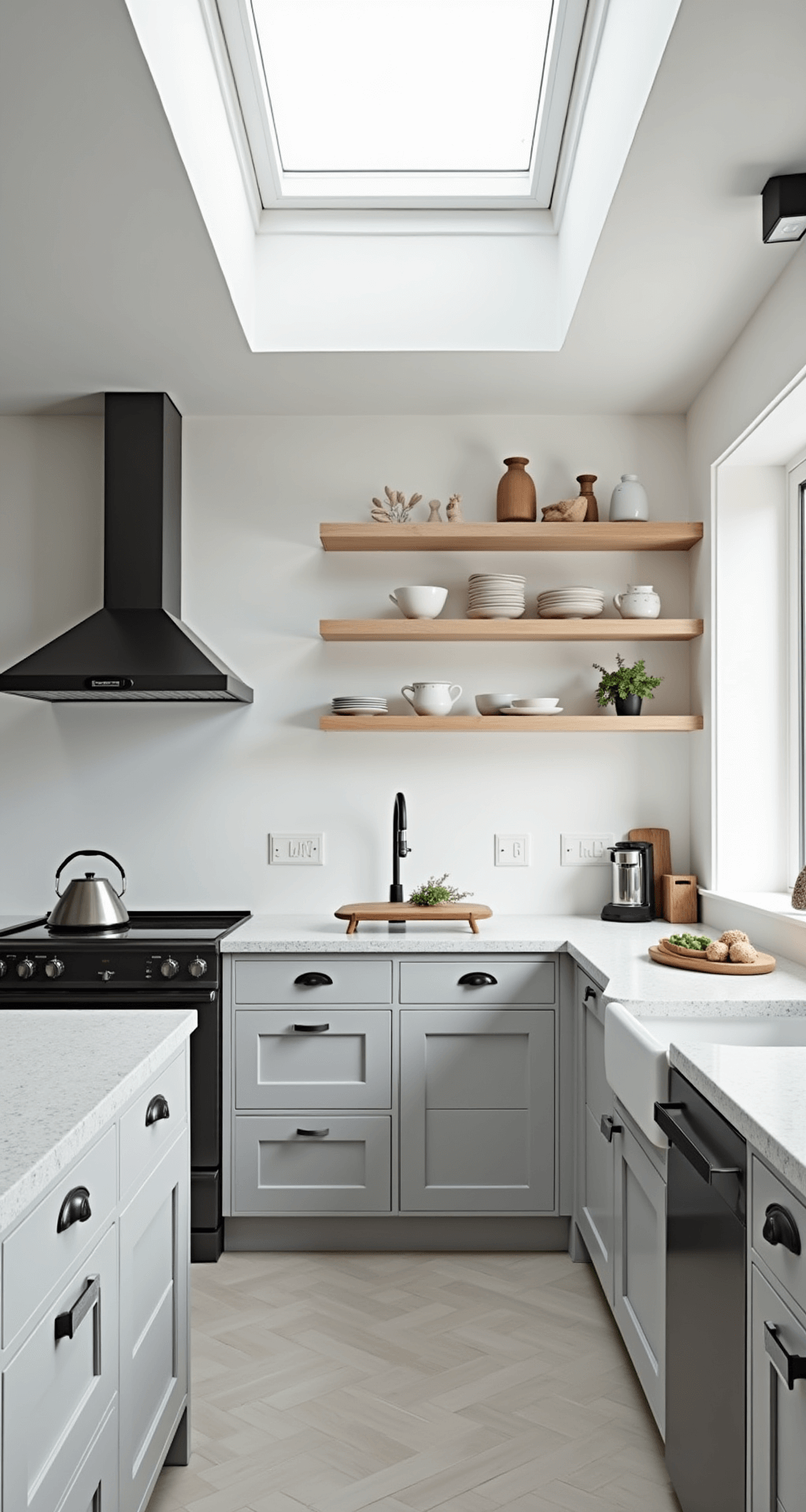 Gray Kitchen Cabinets: The Ultimate Design Guide for Timeless Elegance Compact Scandinavian-style kitchen with pale gray cabinets, white oak open shelving, matte black hardware, and light granite countertops, bathed in natural light from a skylight, showcasing a clean and serene morning ambiance.