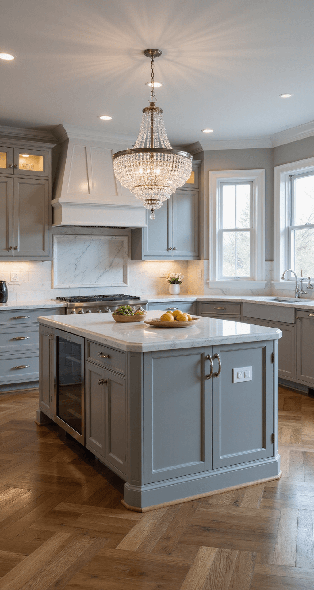 Gray Kitchen Cabinets: The Ultimate Design Guide for Timeless Elegance Elegant transitional kitchen featuring medium warm gray cabinets, a crystal chandelier above a central island, Calacatta marble countertops, polished nickel fixtures, herringbone wood floors, and a sophisticated atmosphere enhanced by natural and ambient lighting.