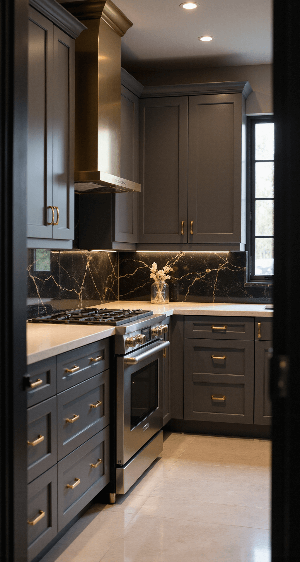 Gray Kitchen Cabinets: The Ultimate Design Guide for Timeless Elegance A luxurious contemporary kitchen featuring high-gloss charcoal gray cabinets with brushed gold hardware, a dramatic black marble backsplash with gold veining, and strategic accent lighting creating a moody atmosphere.