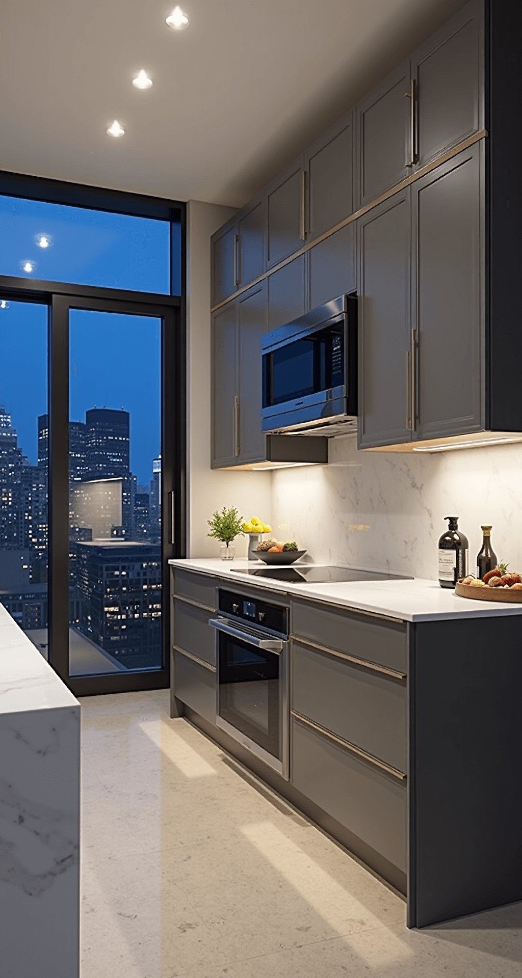 Gray Kitchen Cabinets: The Ultimate Design Guide for Timeless Elegance Sleek urban kitchen featuring two-tone gray cabinets, floor-to-ceiling windows with city views, a pure white quartz waterfall island, integrated LED lighting, and glossy concrete floors, all captured during blue hour with warm interior lights.