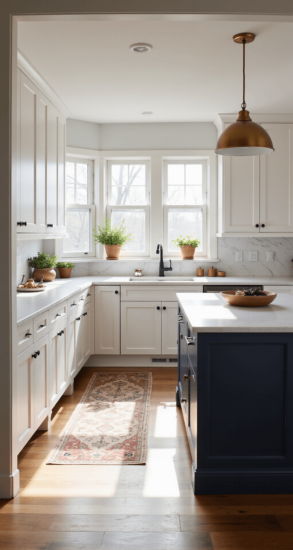White Shaker Kitchen Cabinets: The Ultimate Design Guide for Timeless Elegance Bright 12x15ft kitchen with 10ft ceilings, featuring white shaker cabinets, a navy blue island with white quartz, brass pendant lights, and natural walnut flooring, all illuminated by golden hour light through large windows, styled with minimalist ceramics and fresh herbs.