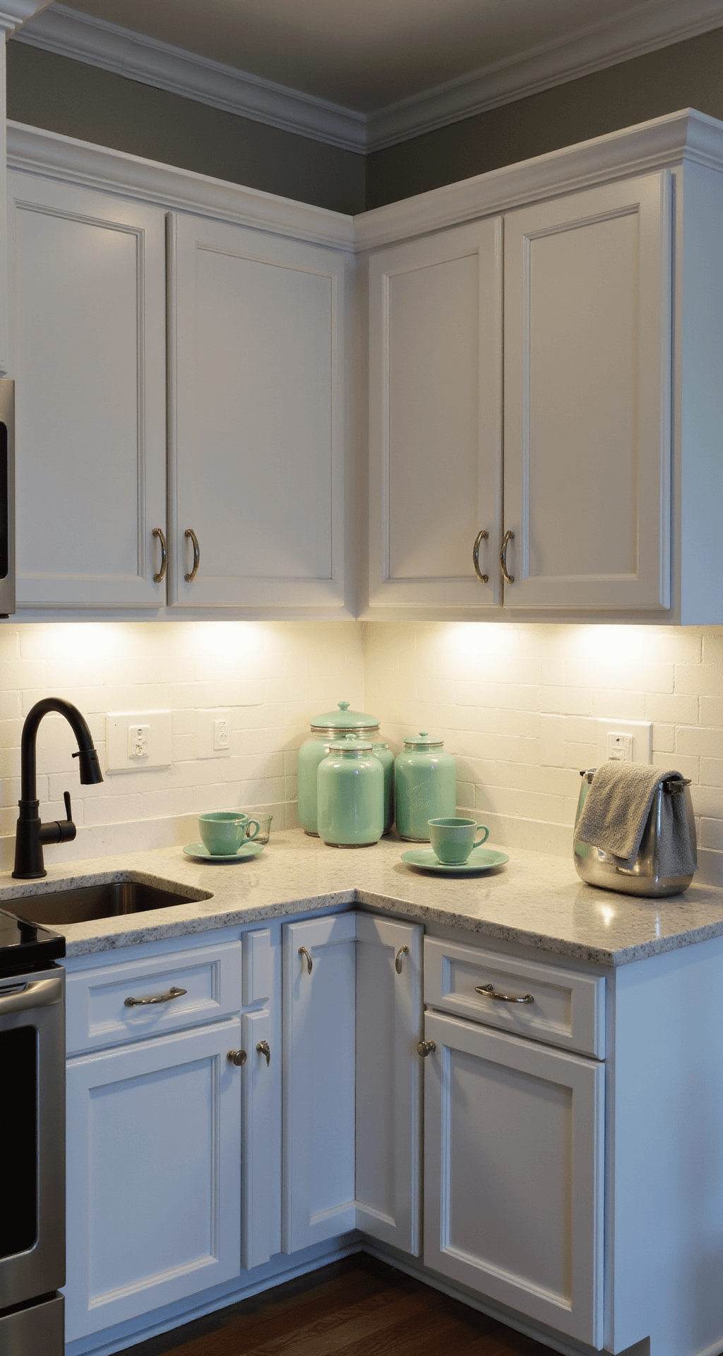 White Shaker Kitchen Cabinets: The Ultimate Design Guide for Timeless Elegance Intimate corner kitchen vignette showcasing white shaker cabinets with brushed nickel hardware, illuminated by soft under-cabinet LED lighting during blue hour. Features sage green accessories, marble countertops with veining, glass canisters, textured linen tea towels, and a matte black faucet, all captured in a low angle shot with shallow depth of field emphasizing cabinet details.