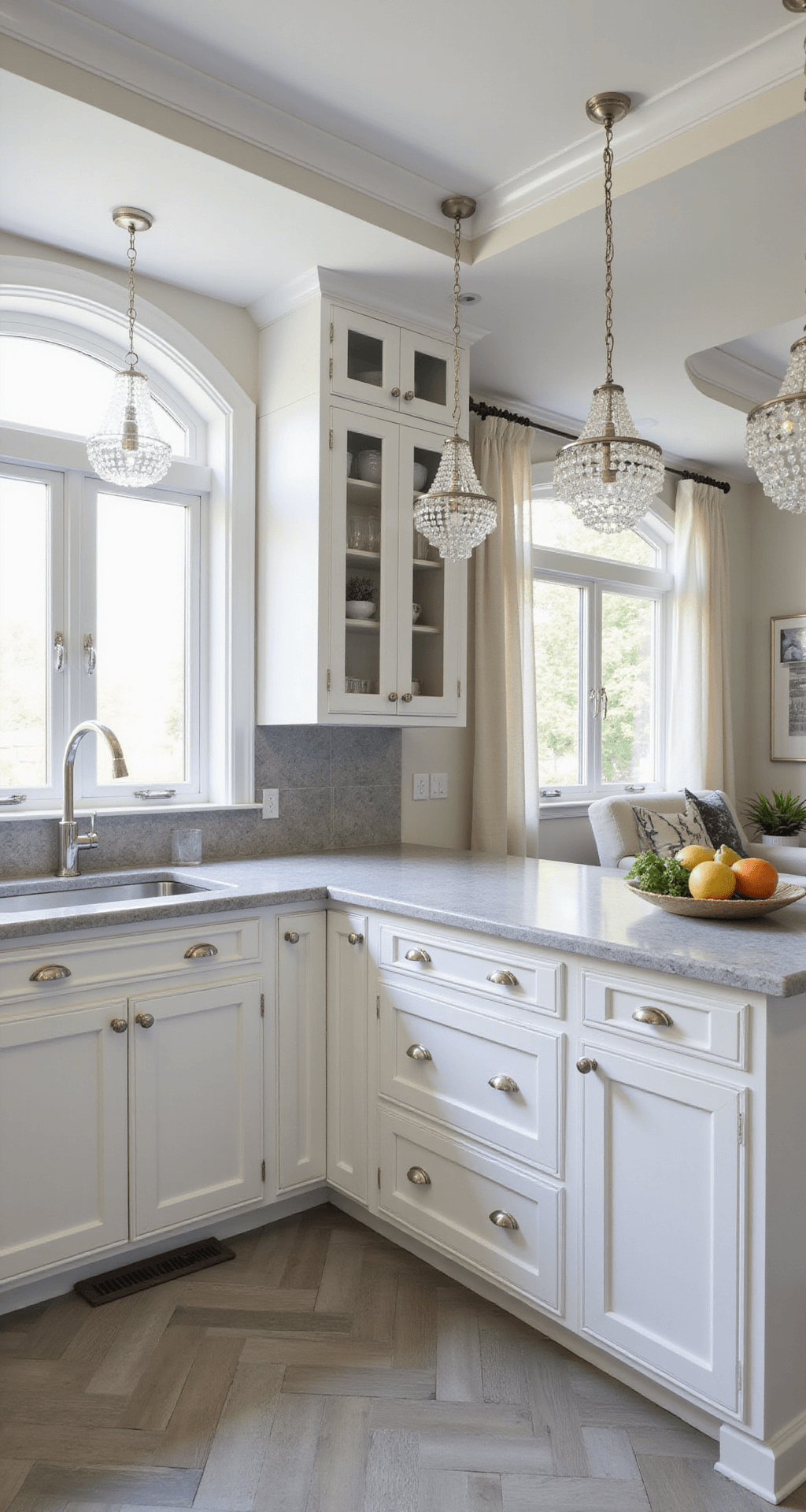 White Shaker Kitchen Cabinets: The Ultimate Design Guide for Timeless Elegance Transitional L-shaped kitchen featuring white shaker cabinets with glass uppers, grey quartzite countertops, herringbone tile floor, and filtered afternoon light, styled with white accessories and silver accents, illuminated by crystal pendant lights.