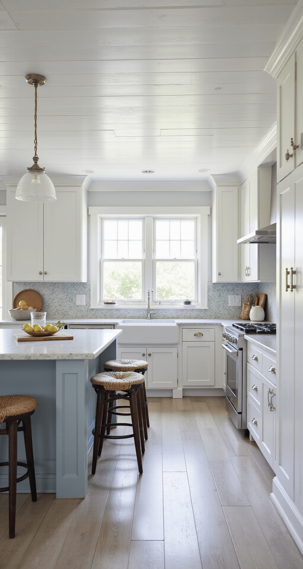 White Shaker Kitchen Cabinets: The Ultimate Design Guide for Timeless Elegance Coastal kitchen with beadboard ceiling and white shaker cabinets, featuring a pale blue island, seagrass barstools, and a shimmering shell-colored backsplash, all enhanced by natural elements and diffused morning light.