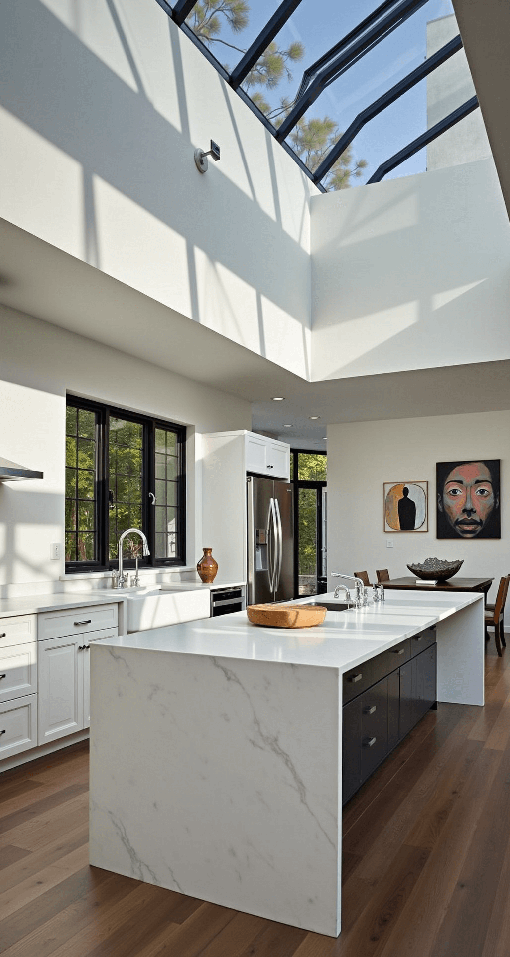 White Shaker Kitchen Cabinets: The Ultimate Design Guide for Timeless Elegance Contemporary open-concept kitchen with clerestory windows, featuring white shaker cabinets and black steel window frames, a waterfall quartz island, and wide-plank grey oak floors, illuminated by late afternoon sunlight casting dramatic shadows.