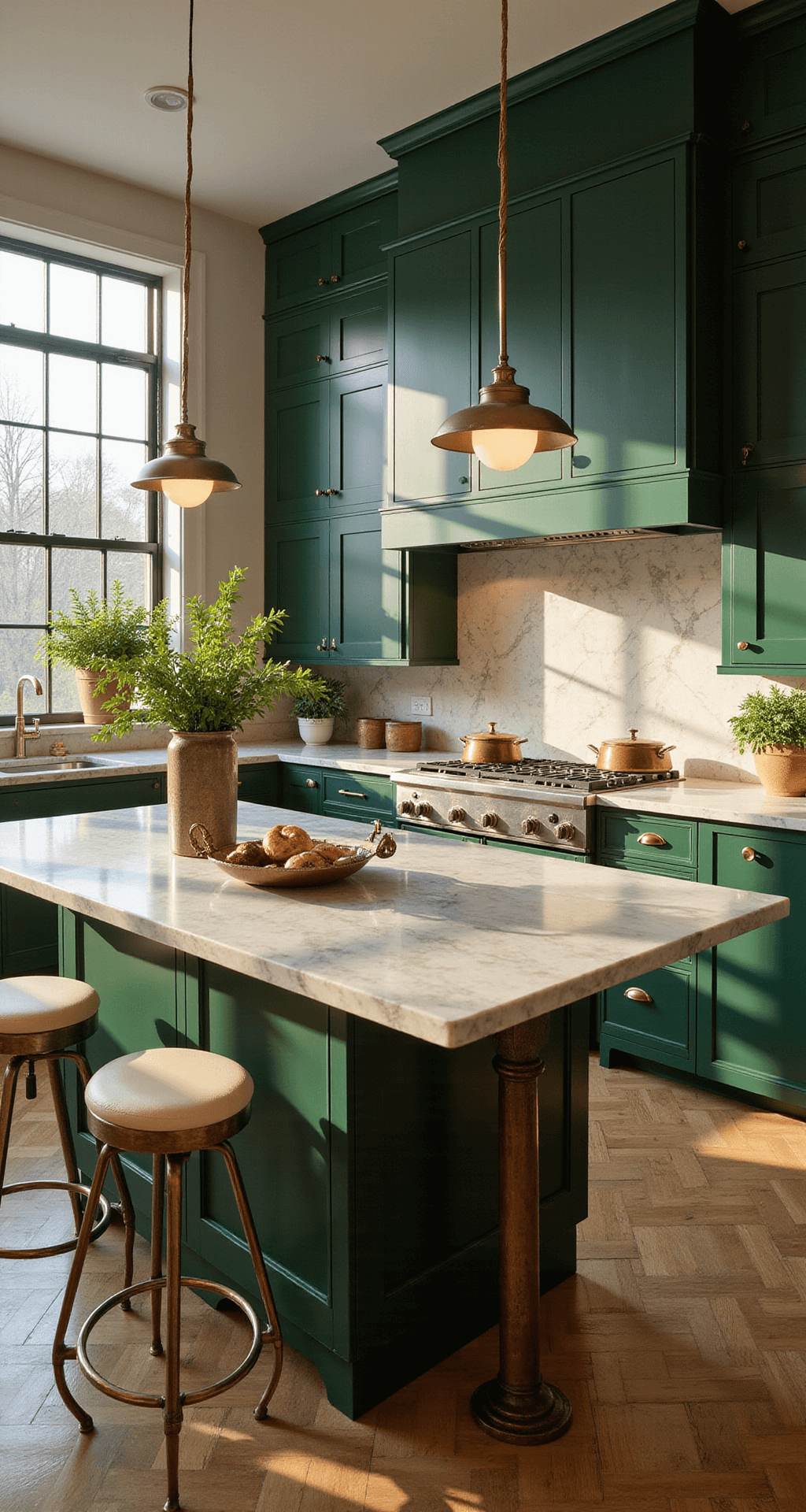 Dark Green Kitchen: A Stylish 2025 Design Trend That Transforms Your Space A sunlit modern luxe green kitchen featuring forest green shaker cabinets, Calacatta marble countertops, and unlacquered brass accents, with a center island and cream leather barstools, styled with ceramics and herbs, captured from a low angle at golden hour.