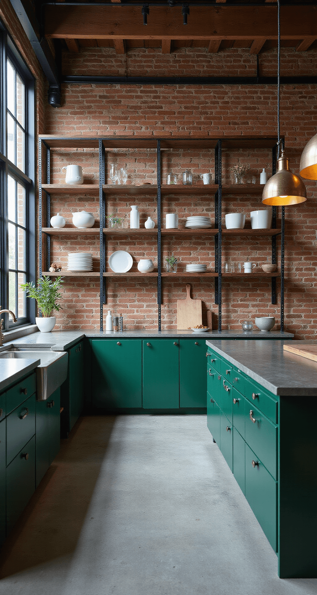 Dark Green Kitchen: A Stylish 2025 Design Trend That Transforms Your Space Loft-style kitchen with emerald green metal cabinets and 18ft exposed brick walls, illuminated by late afternoon light filtering through factory windows; polished concrete countertops and black steel-framed shelving with minimalist white ceramics, under vintage brass pendant lights above a 10ft island, captured from eye level with atmospheric lighting and subtle fog.