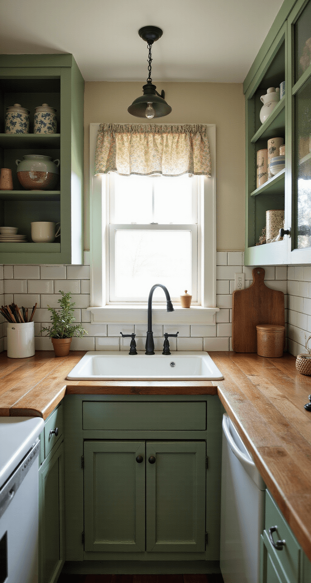 Dark Green Kitchen: A Stylish 2025 Design Trend That Transforms Your Space A cozy kitchen in a small cottage featuring soft moss green cabinets, butcher block counters, and a farmhouse sink, all illuminated by morning light. The space includes a white subway tile backsplash, open shelving with earthenware and dried herbs, and is decorated with cafe curtains, captured from an elevated angle.