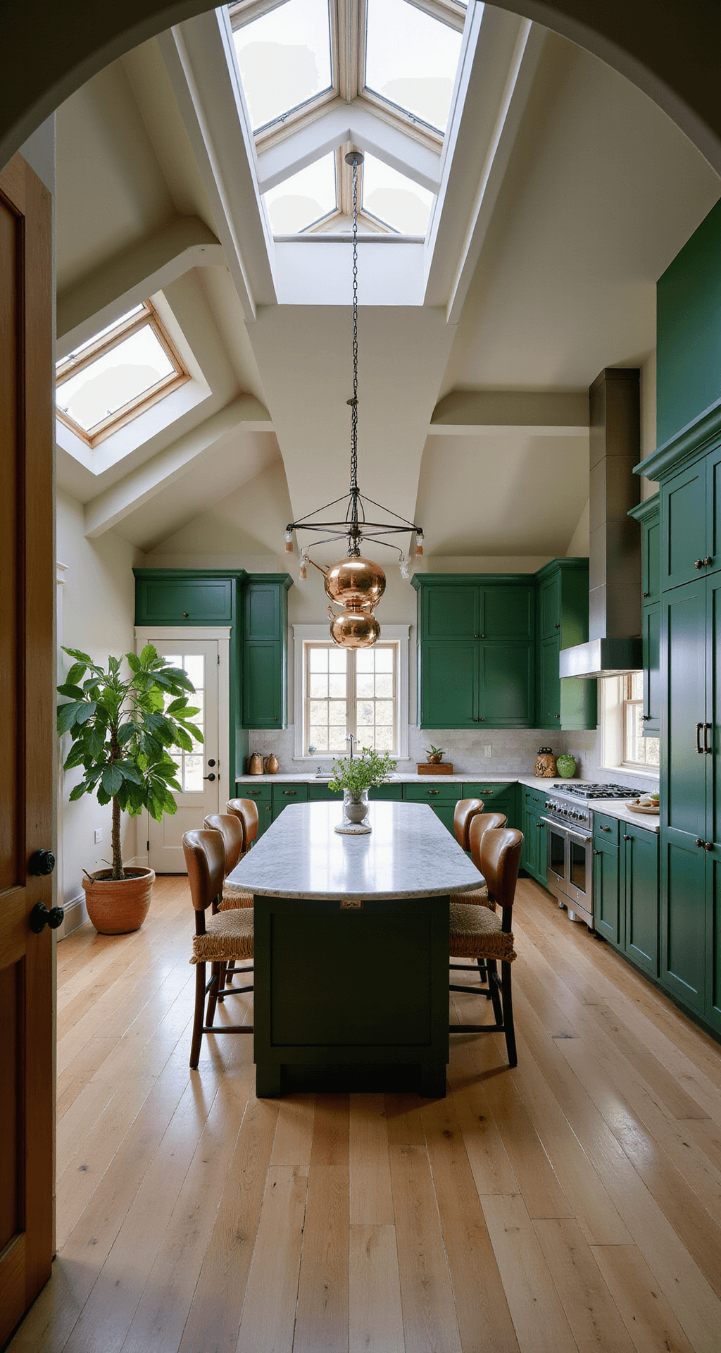 Dark Green Kitchen: A Stylish 2025 Design Trend That Transforms Your Space Spacious kitchen with cathedral ceiling, featuring forest green cabinetry, bleached oak floors, and a marble-topped island, illuminated by dawn light through a skylight, with copper pots hanging above and a fiddle leaf fig adding an organic touch.