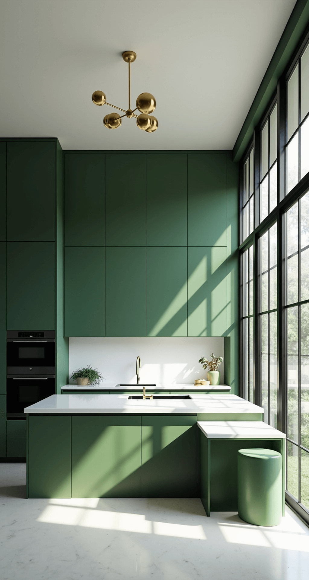 Dark Green Kitchen: A Stylish 2025 Design Trend That Transforms Your Space A contemporary minimalist kitchen featuring floor-to-ceiling hunter green cabinets, stark white quartz surfaces, and a modern pendant light cluster, all illuminated by double-height windows, with geometric ceramics and architectural plants adding decorative elements.